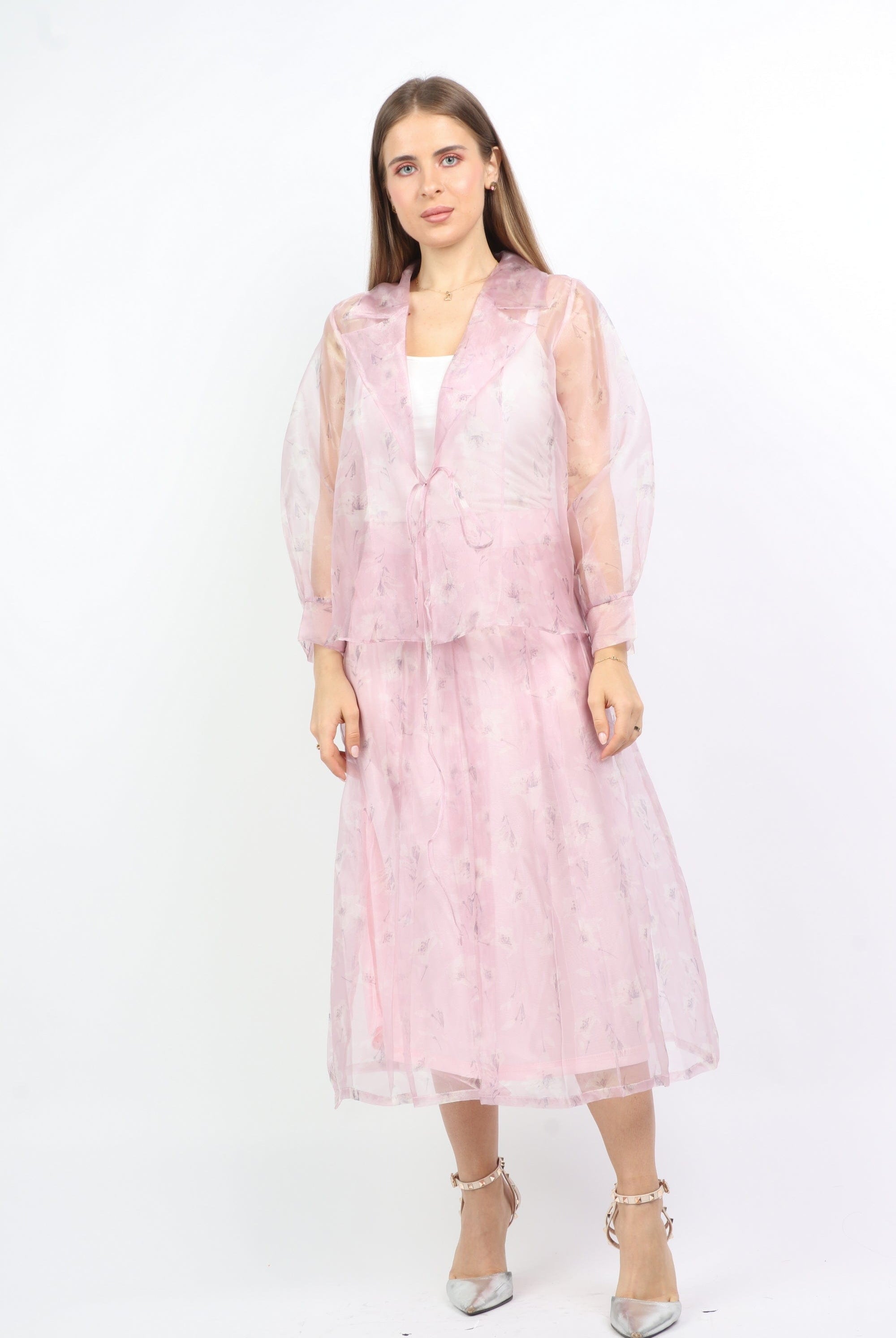 نتشي بلوزة شيفون مشجرة شفافة بياقة كم طويل نسائي