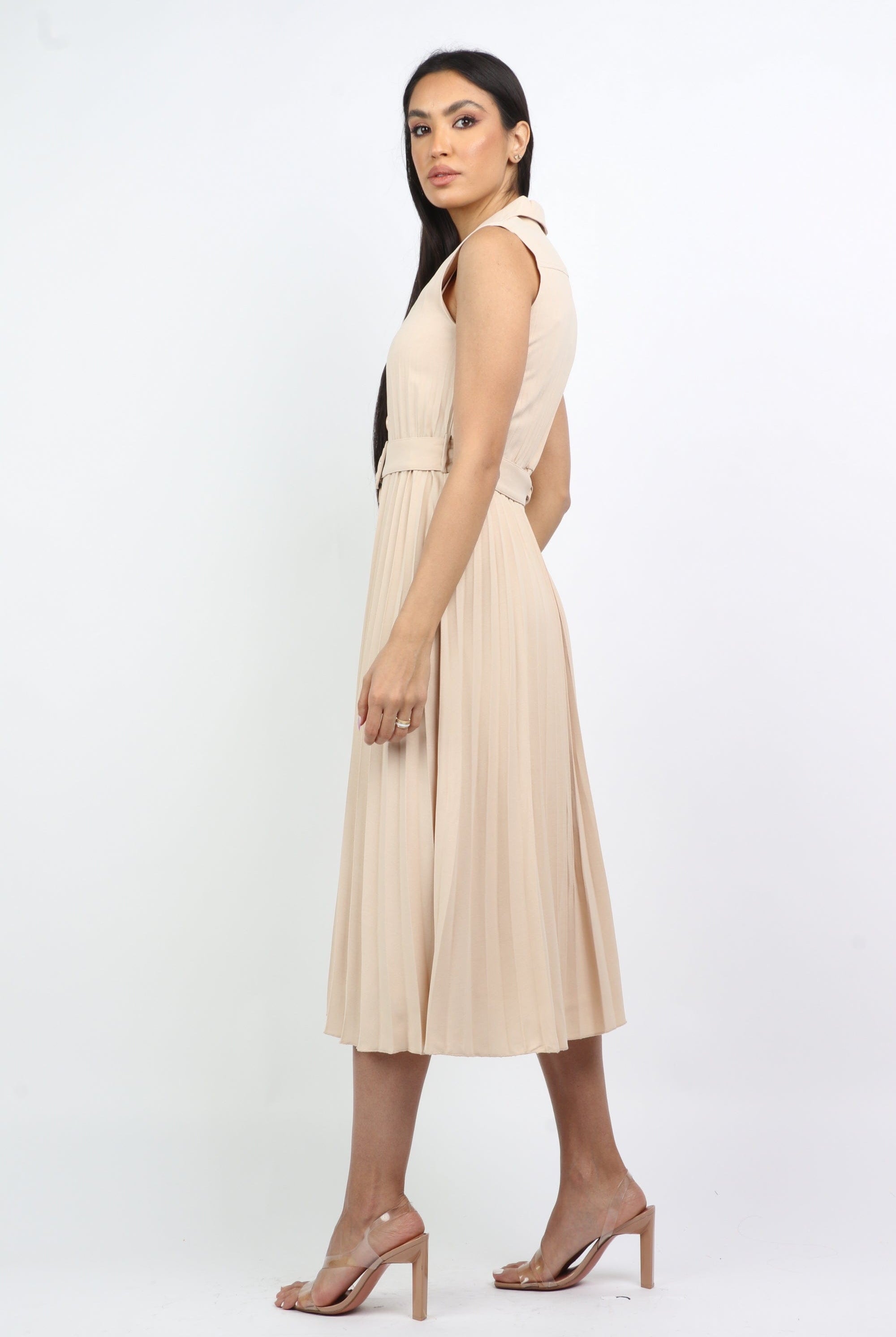 نتشي فستان قصير بحزام على الخصر كت وأزرار أمامية بليسية نسائي