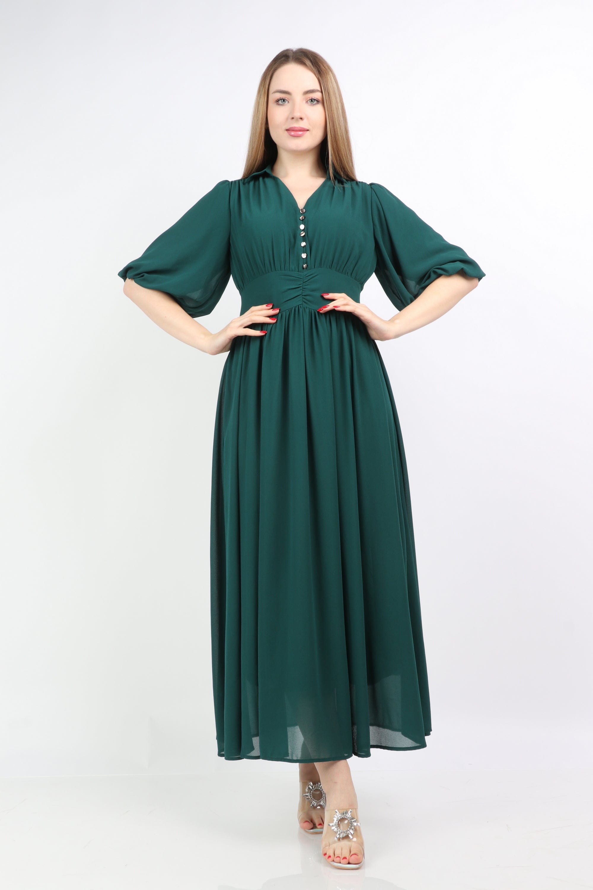 نتشي فستان كلاسيكي مخصر منفوش سادة 3/4 كم نسائي