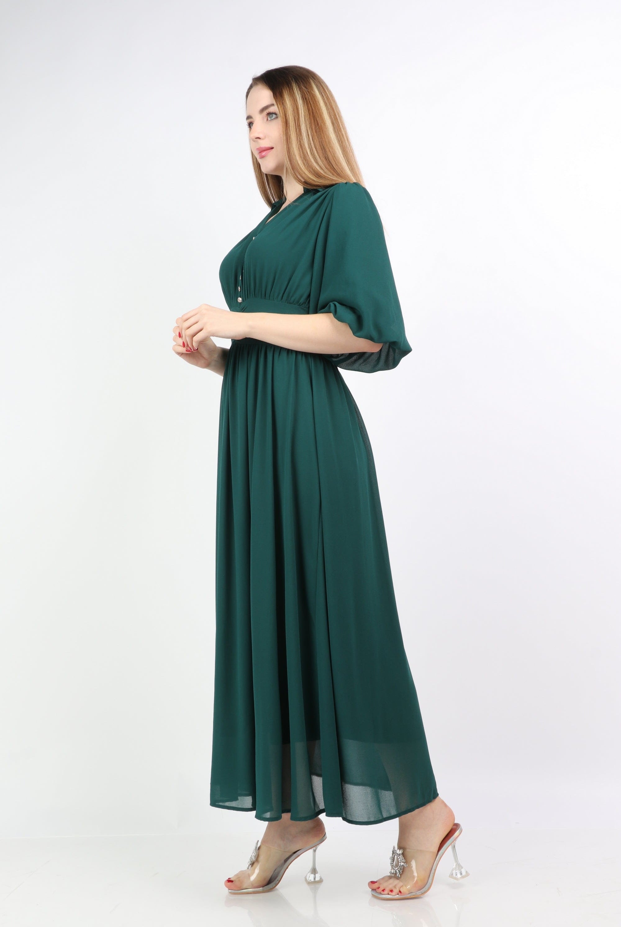 نتشي فستان كلاسيكي مخصر منفوش سادة 3/4 كم نسائي