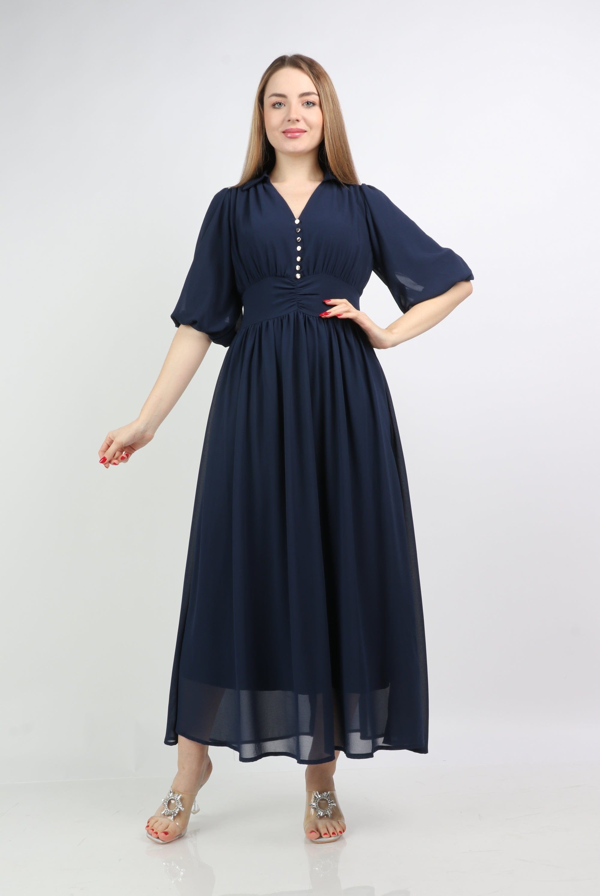 نتشي فستان كلاسيكي مخصر منفوش سادة 3/4 كم نسائي