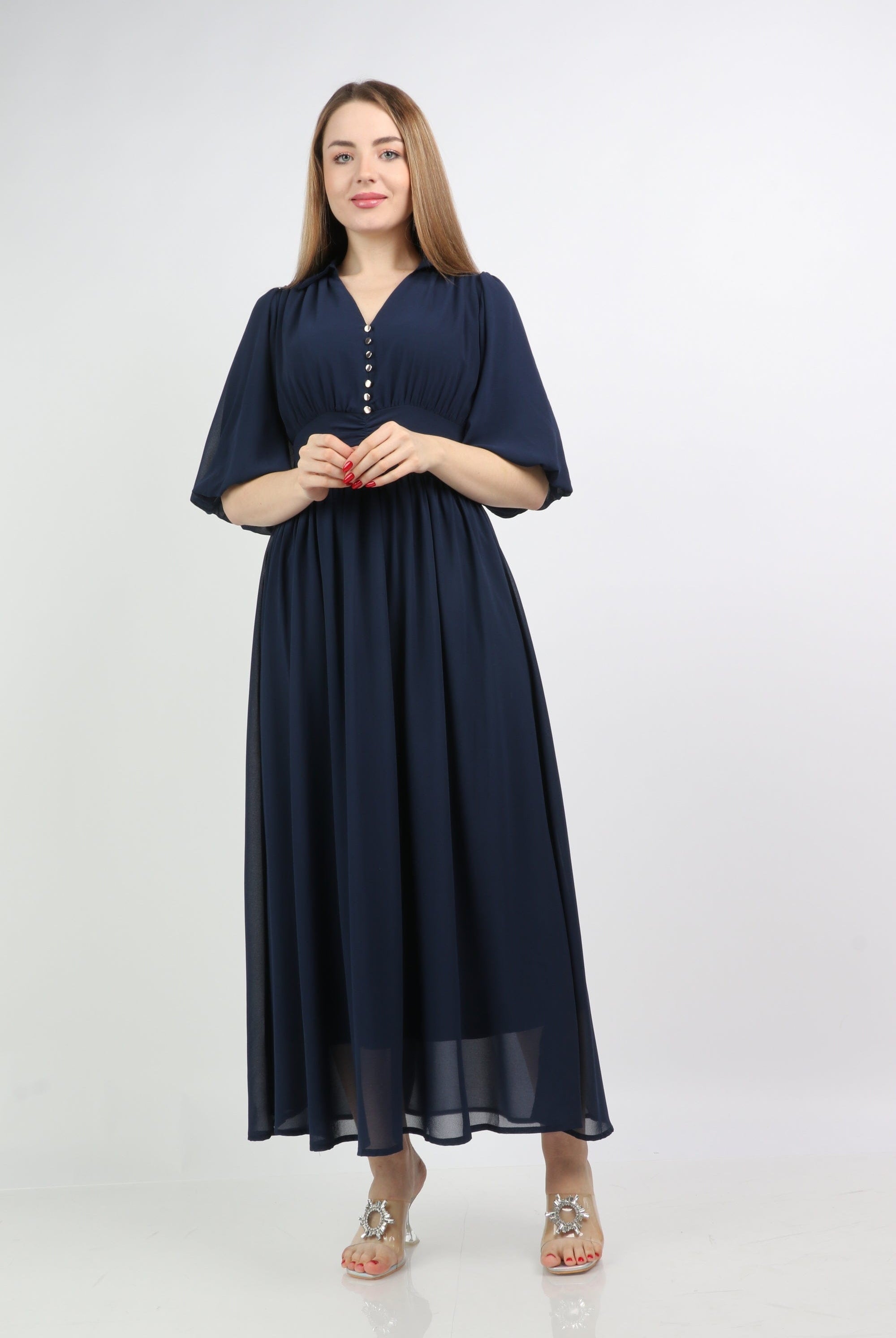 نتشي فستان كلاسيكي مخصر منفوش سادة 3/4 كم نسائي