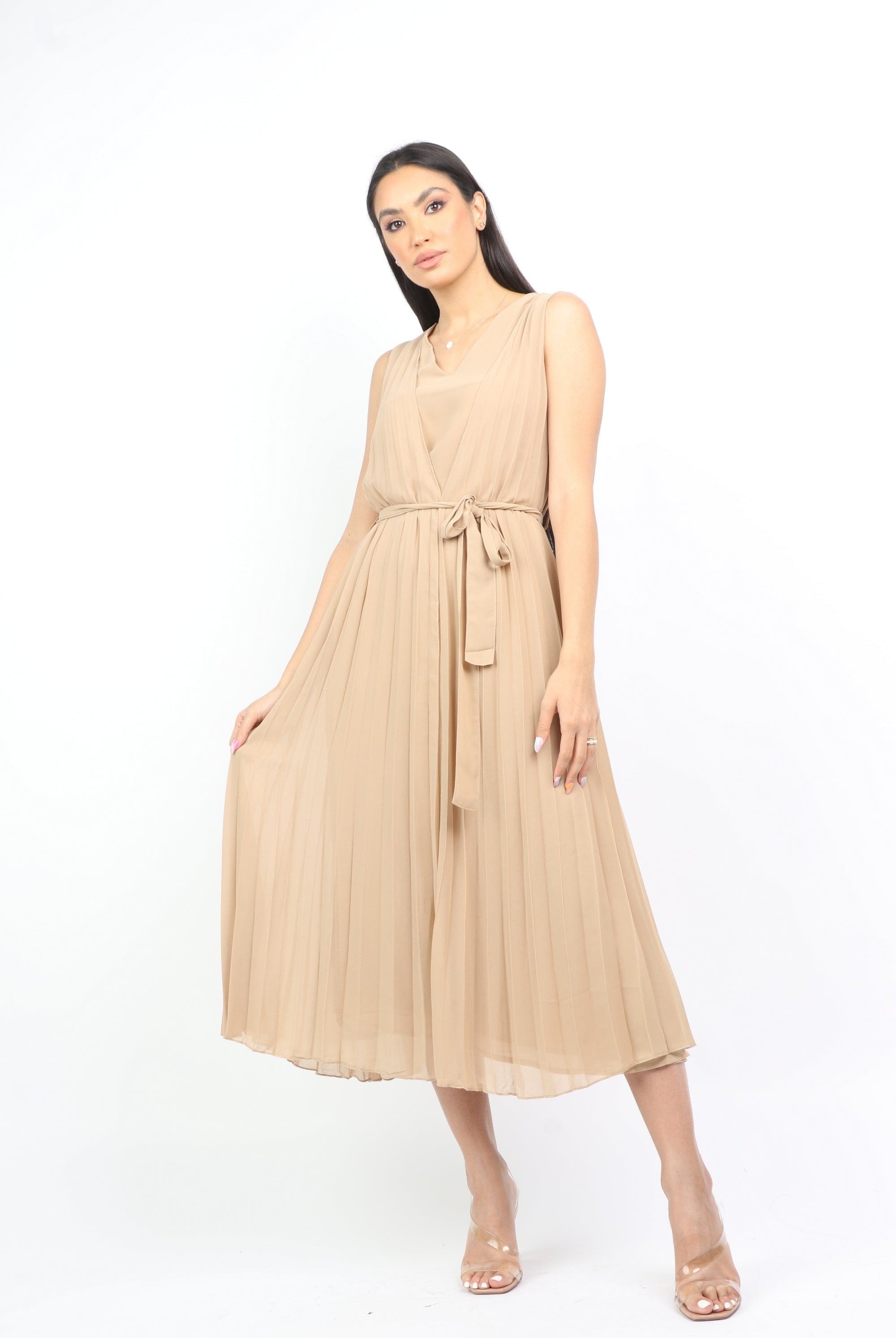 نتشي فستان ميدي بيليسيه برباط خصر بدون كم