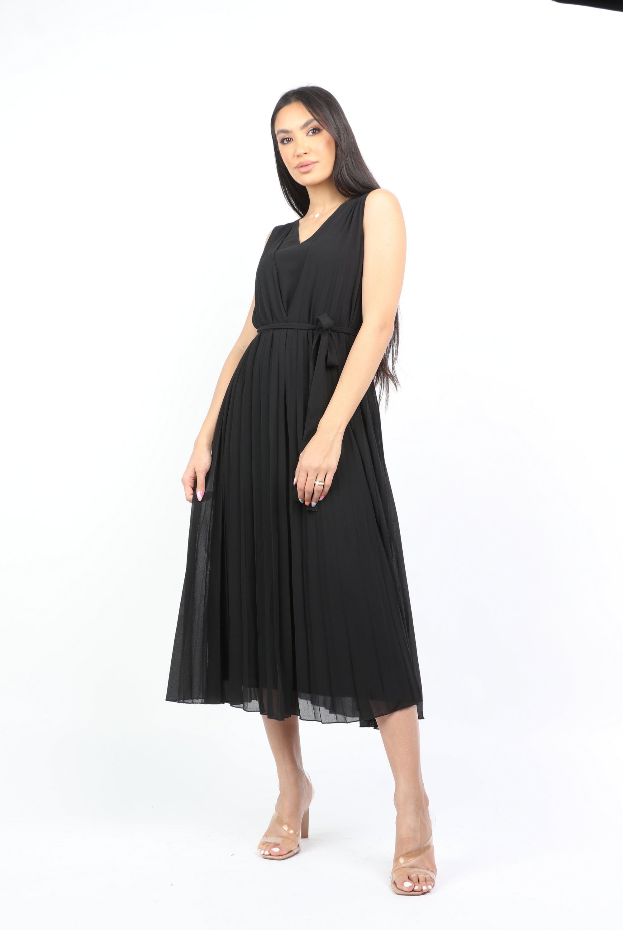 نتشي فستان ميدي بيليسيه برباط خصر بدون كم