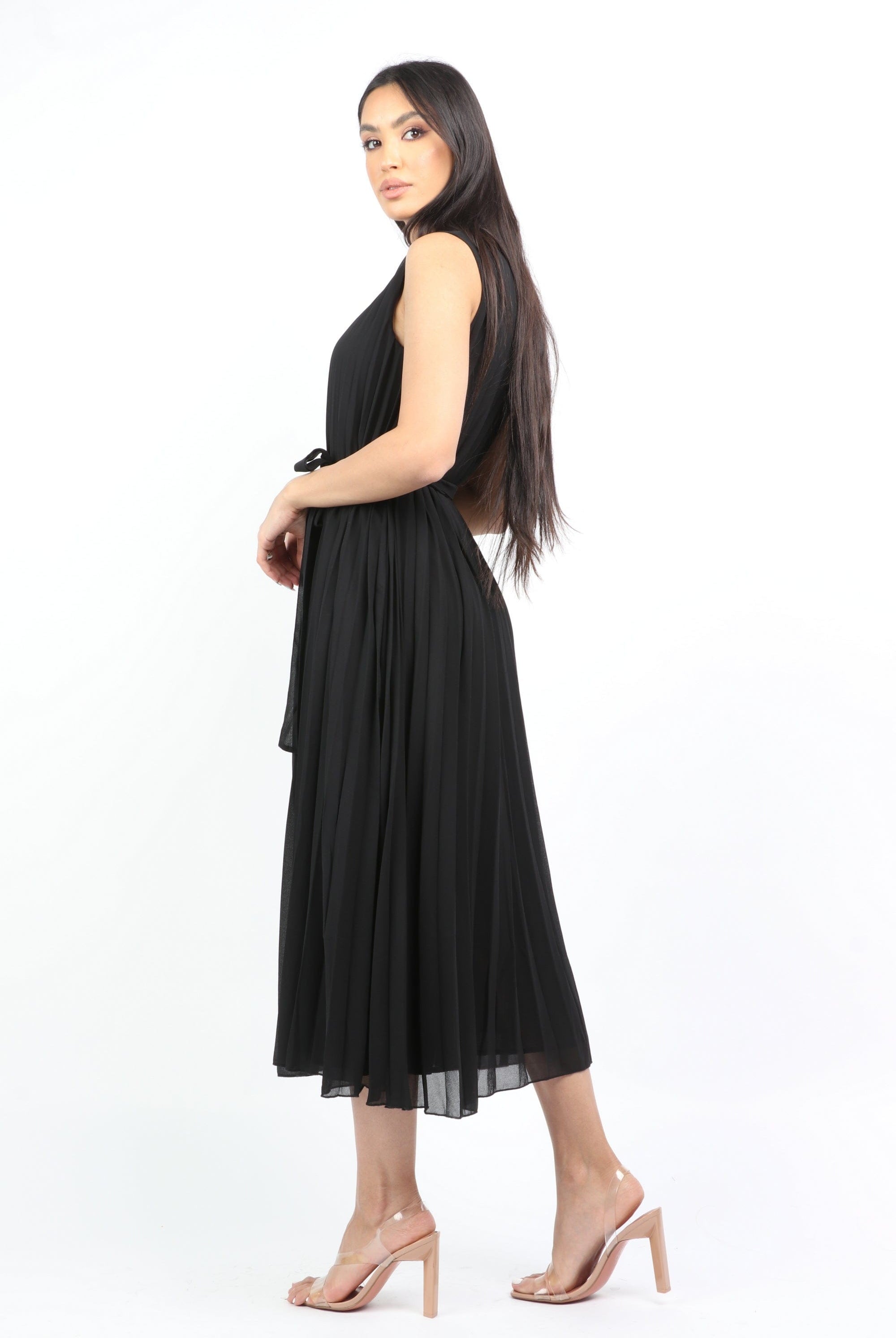 نتشي فستان ميدي بيليسيه برباط خصر بدون كم