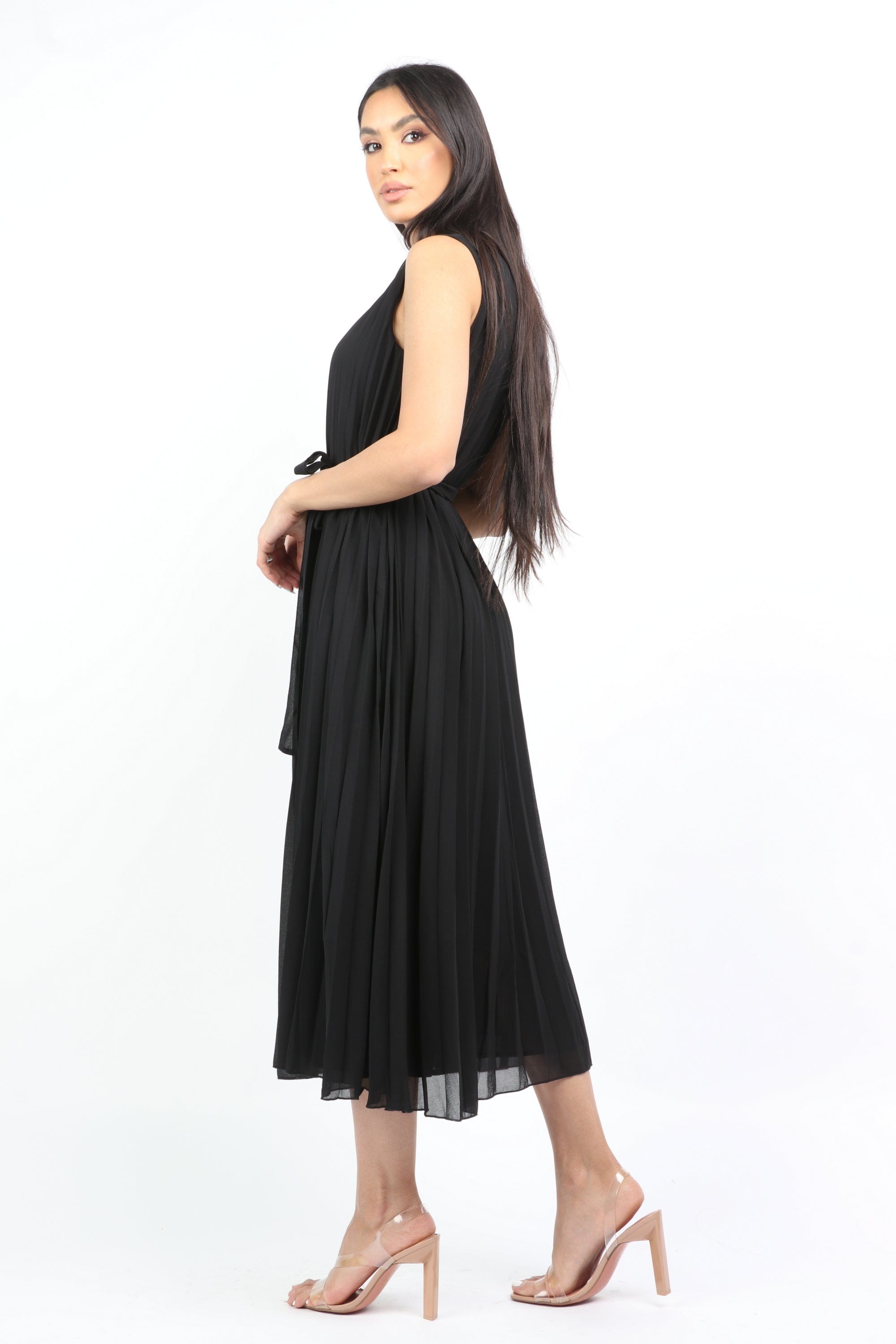 نتشي فستان ميدي بيليسيه برباط خصر بدون كم