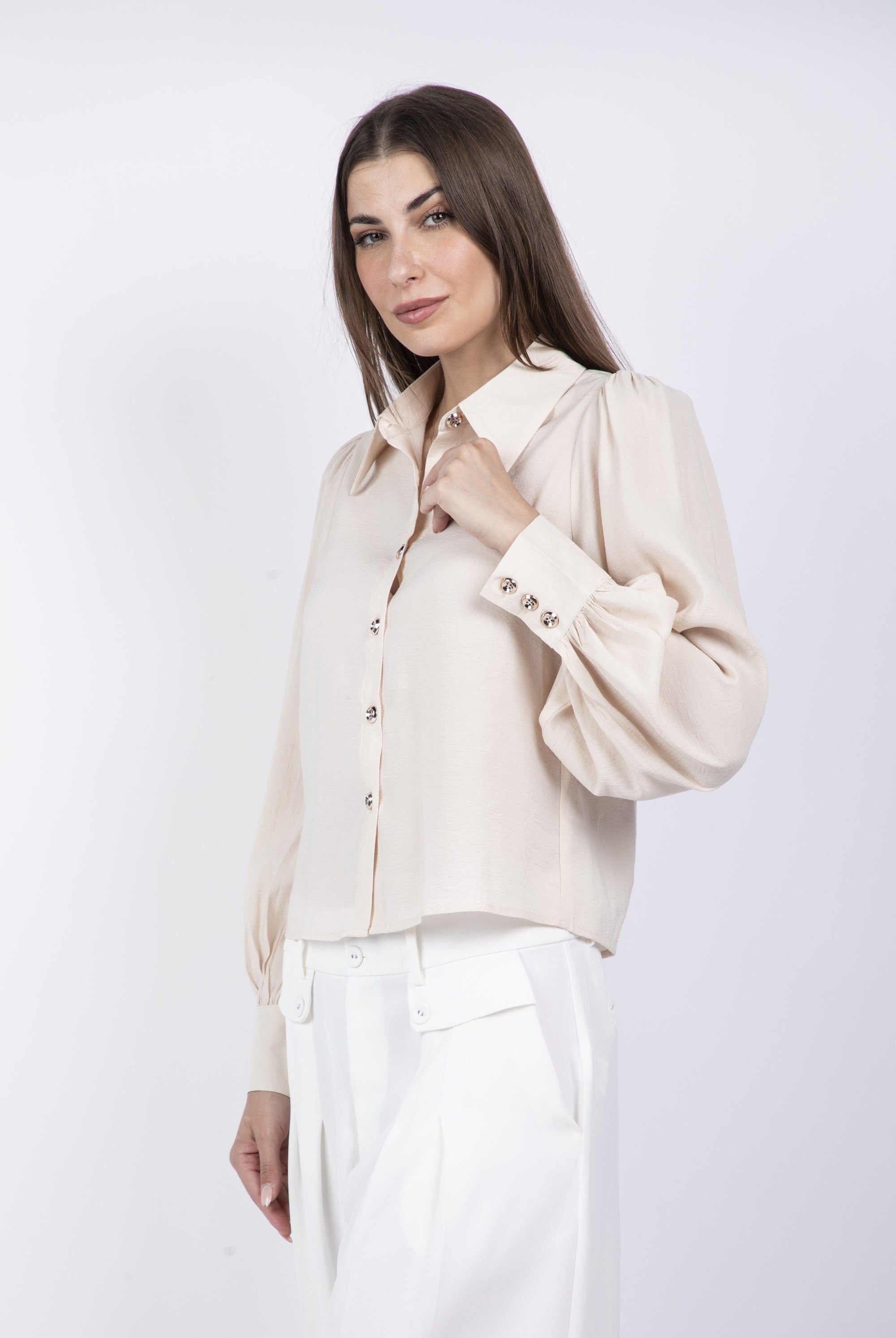 نتشي قميص سادة أزرار أمامية كم طويل نسائي