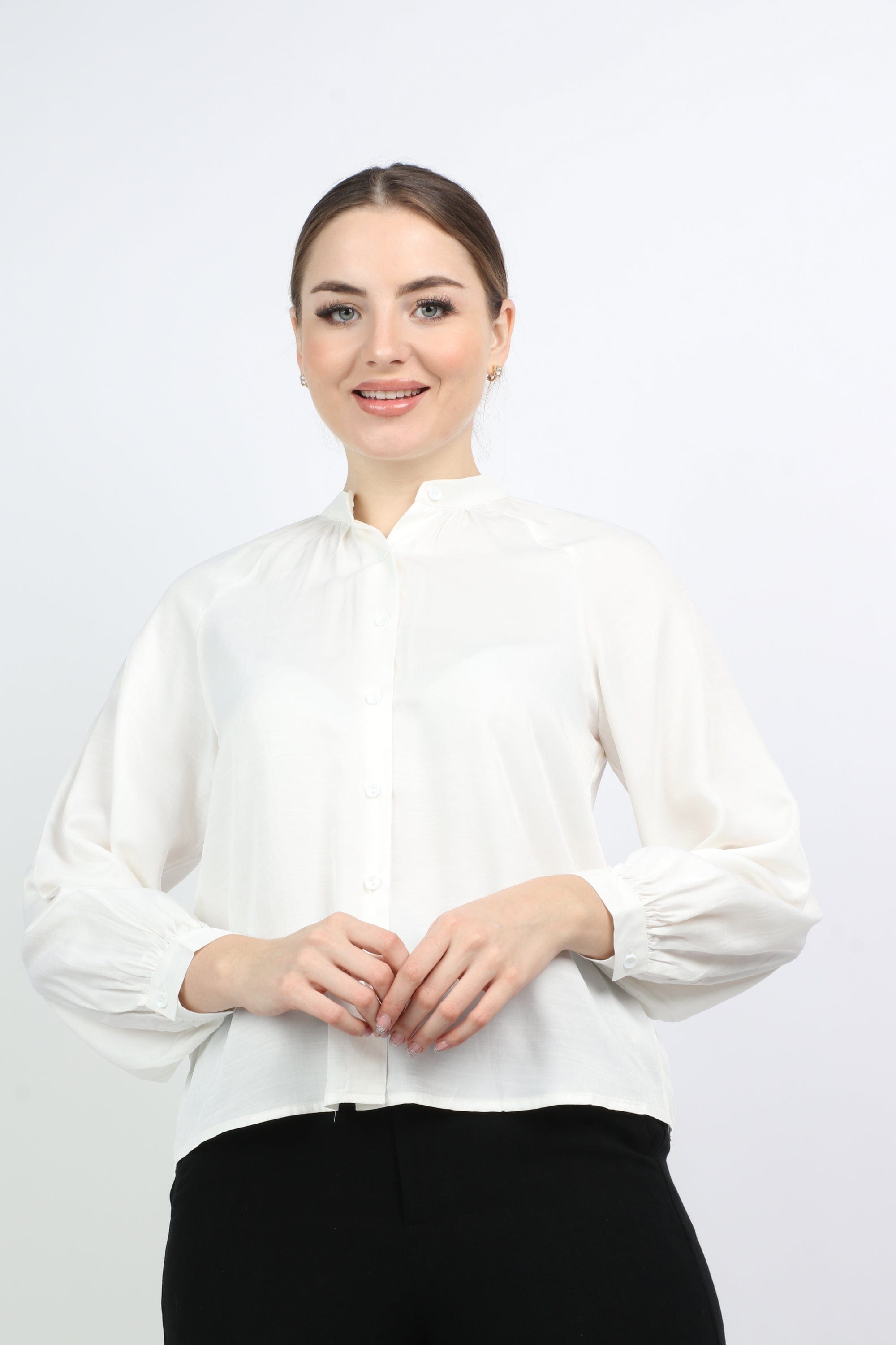 نتشي بلوزة رسمي بأزرار أمامية وكم طويل نسائي