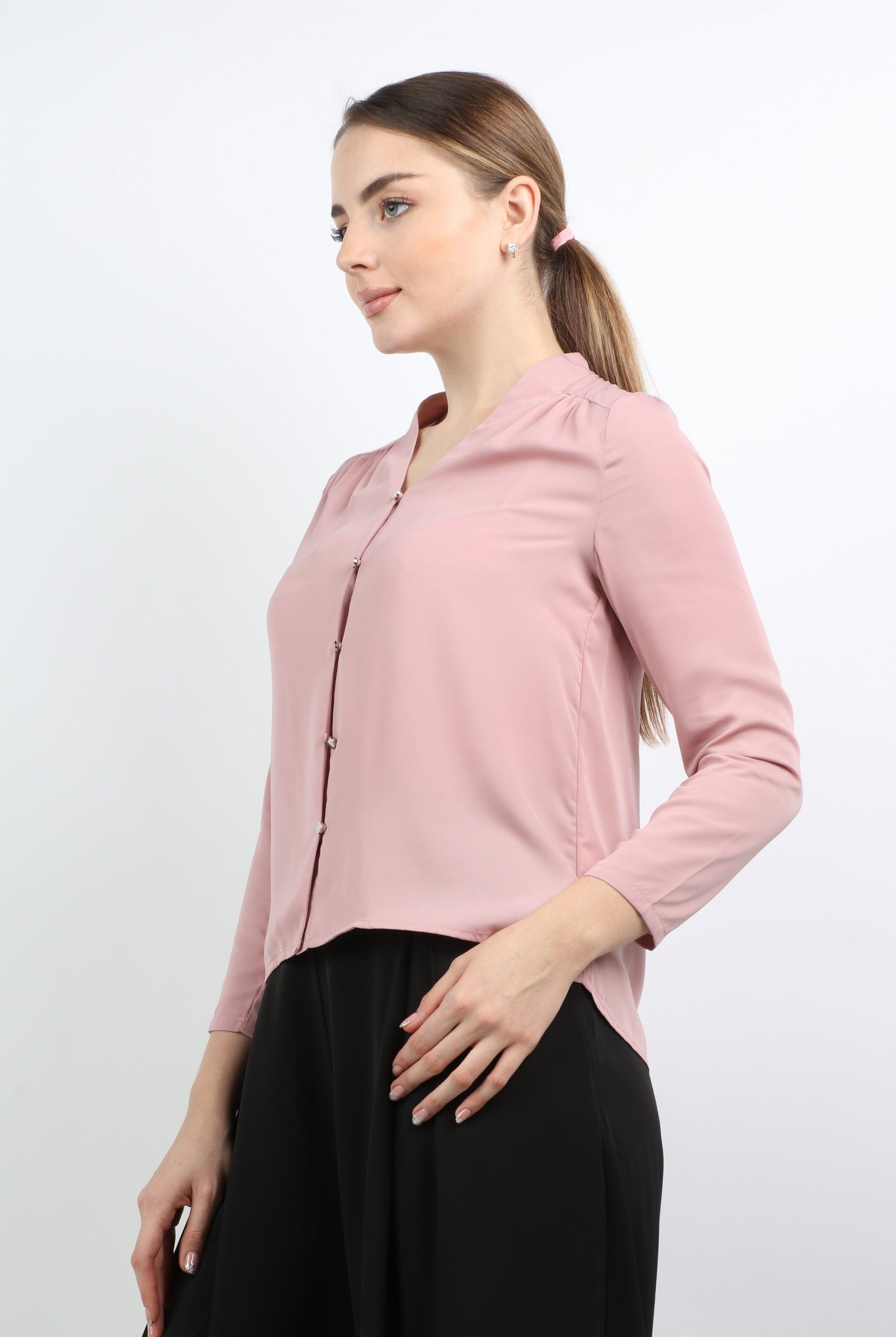 نتشي قميص سادة محبوك بأزرار أمامية وكم طويل نسائي