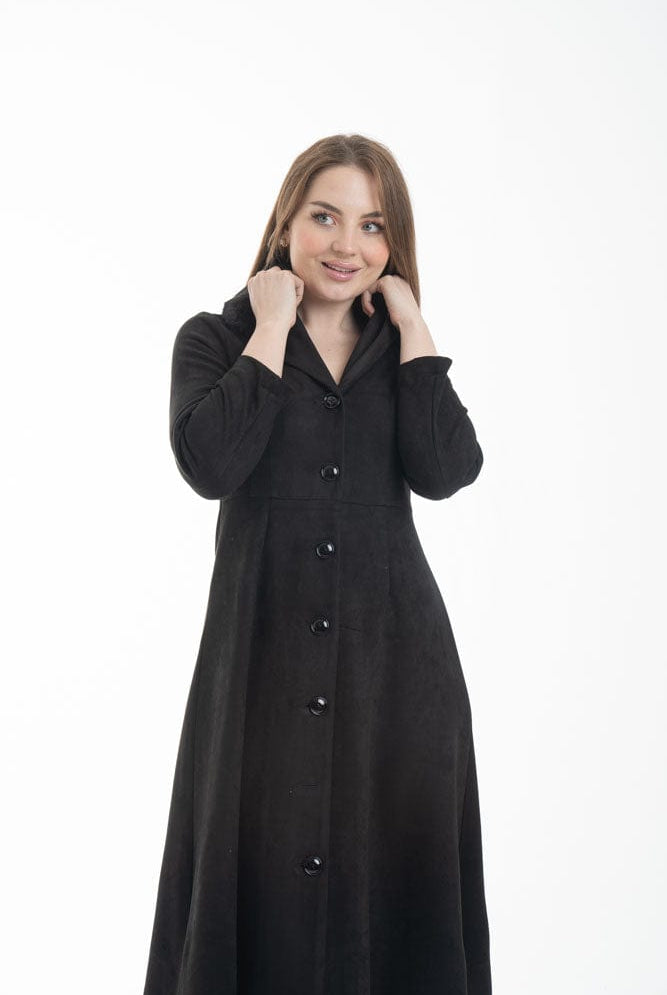 نتشي فستان ميدي بأكمام طويلة بأزرار أمامية مزين بفرو أسود