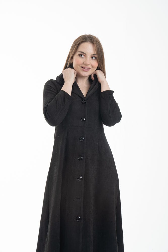 نتشي فستان ميدي بأكمام طويلة بأزرار أمامية مزين بفرو أسود