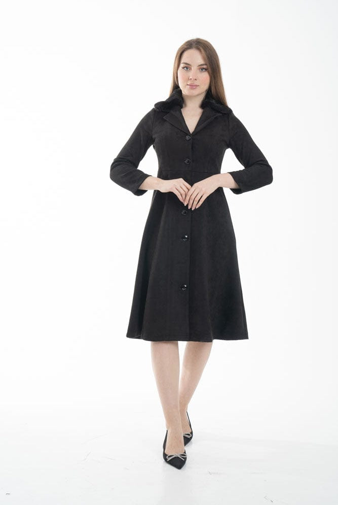 نتشي فستان ميدي بأكمام طويلة بأزرار أمامية مزين بفرو أسود