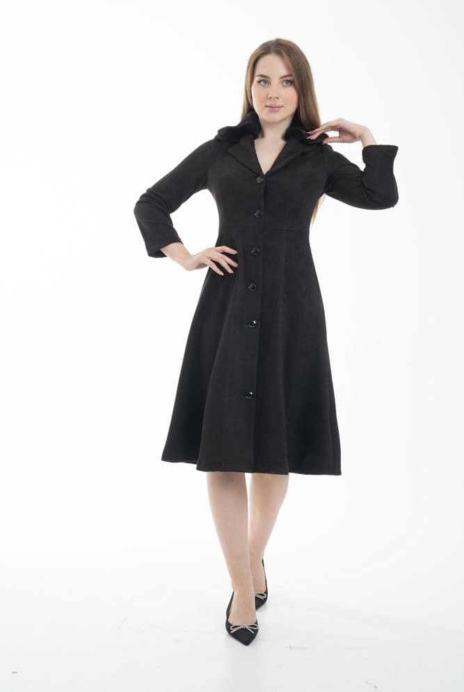 نتشي فستان ميدي بأكمام طويلة بأزرار أمامية مزين بفرو أسود