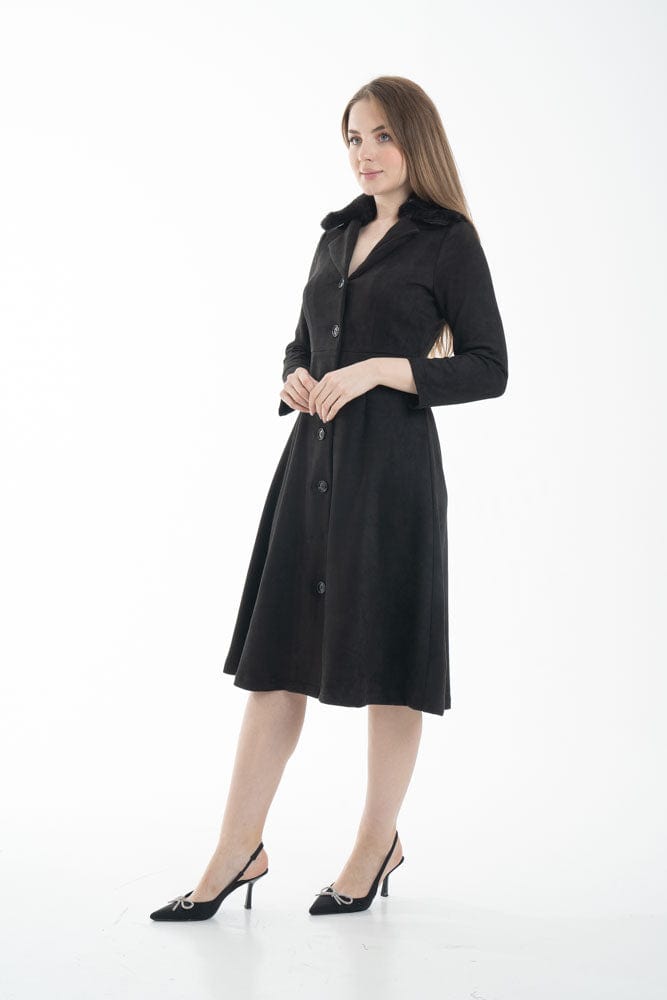 نتشي فستان ميدي بأكمام طويلة بأزرار أمامية مزين بفرو أسود