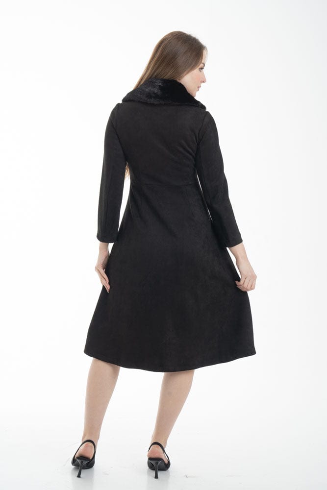 نتشي فستان ميدي بأكمام طويلة بأزرار أمامية مزين بفرو أسود