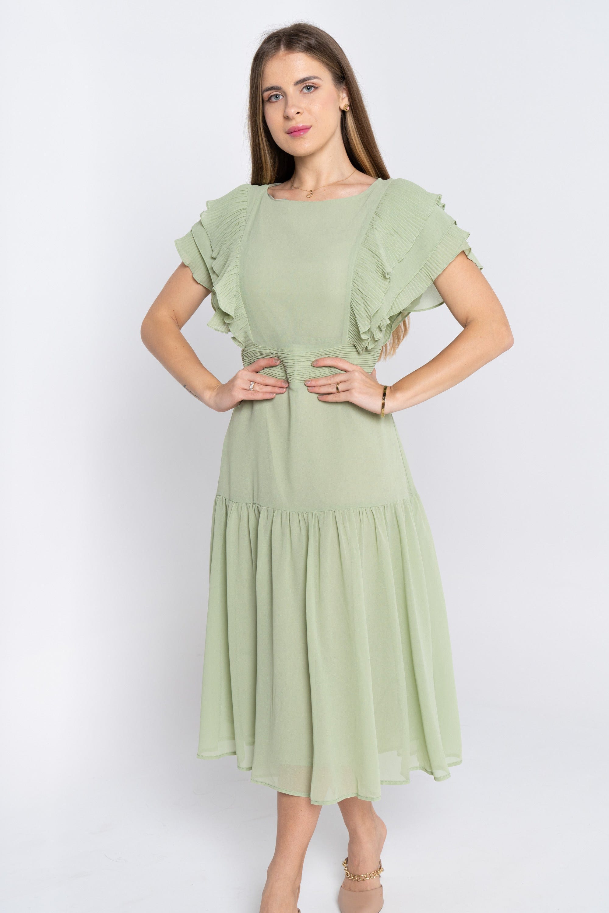 نتشي فستان ميدي سادة بأكمام قصيرة طبقات وياقة دائرية