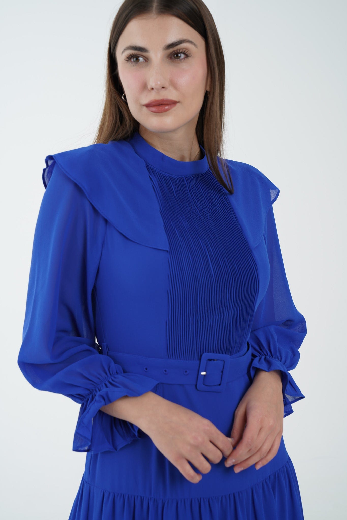 نتشي فستان ماكسي مخصر طبقات من أسفل كم طويل بف نسائي