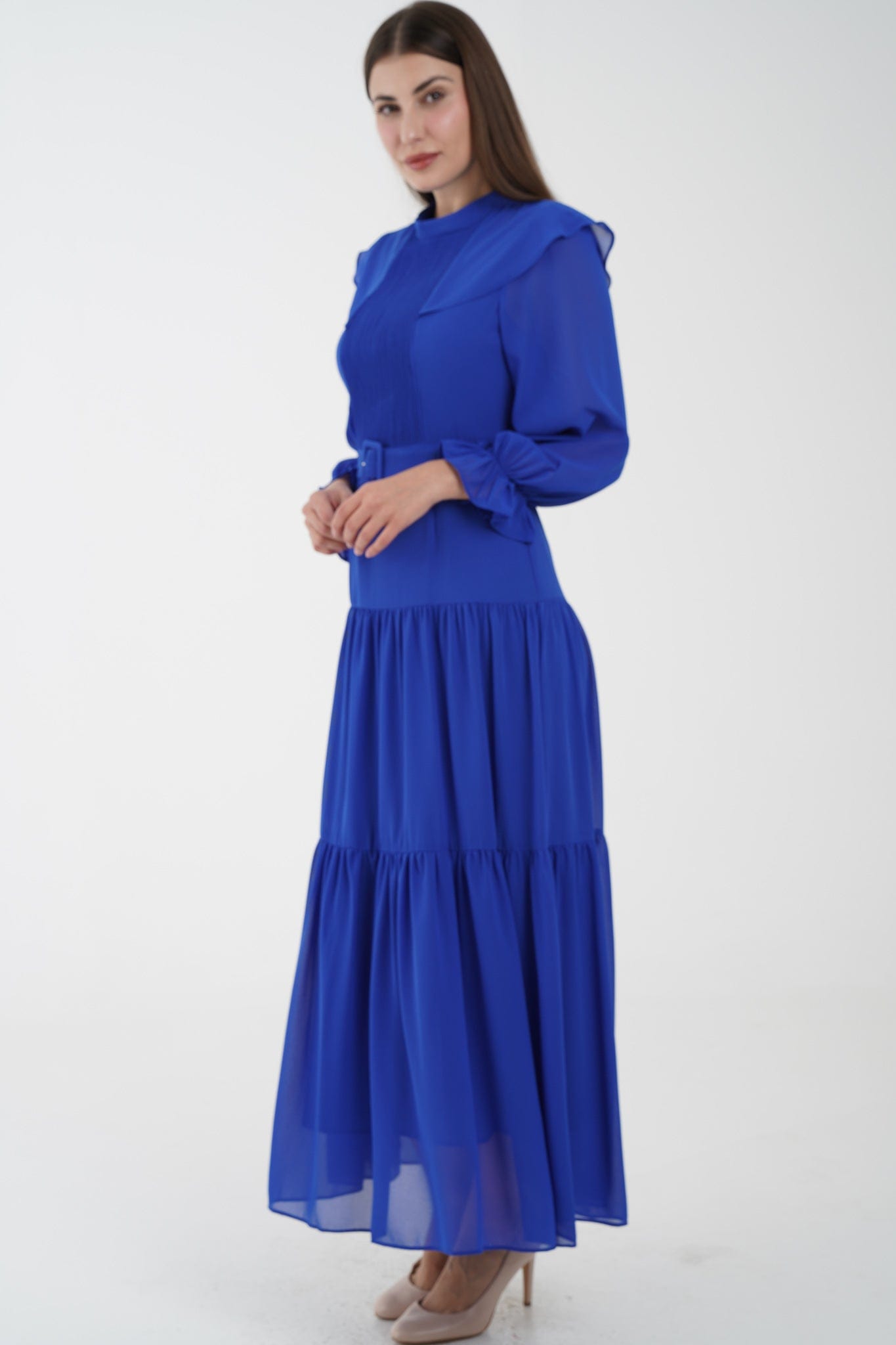 نتشي فستان ماكسي مخصر طبقات من أسفل كم طويل بف نسائي