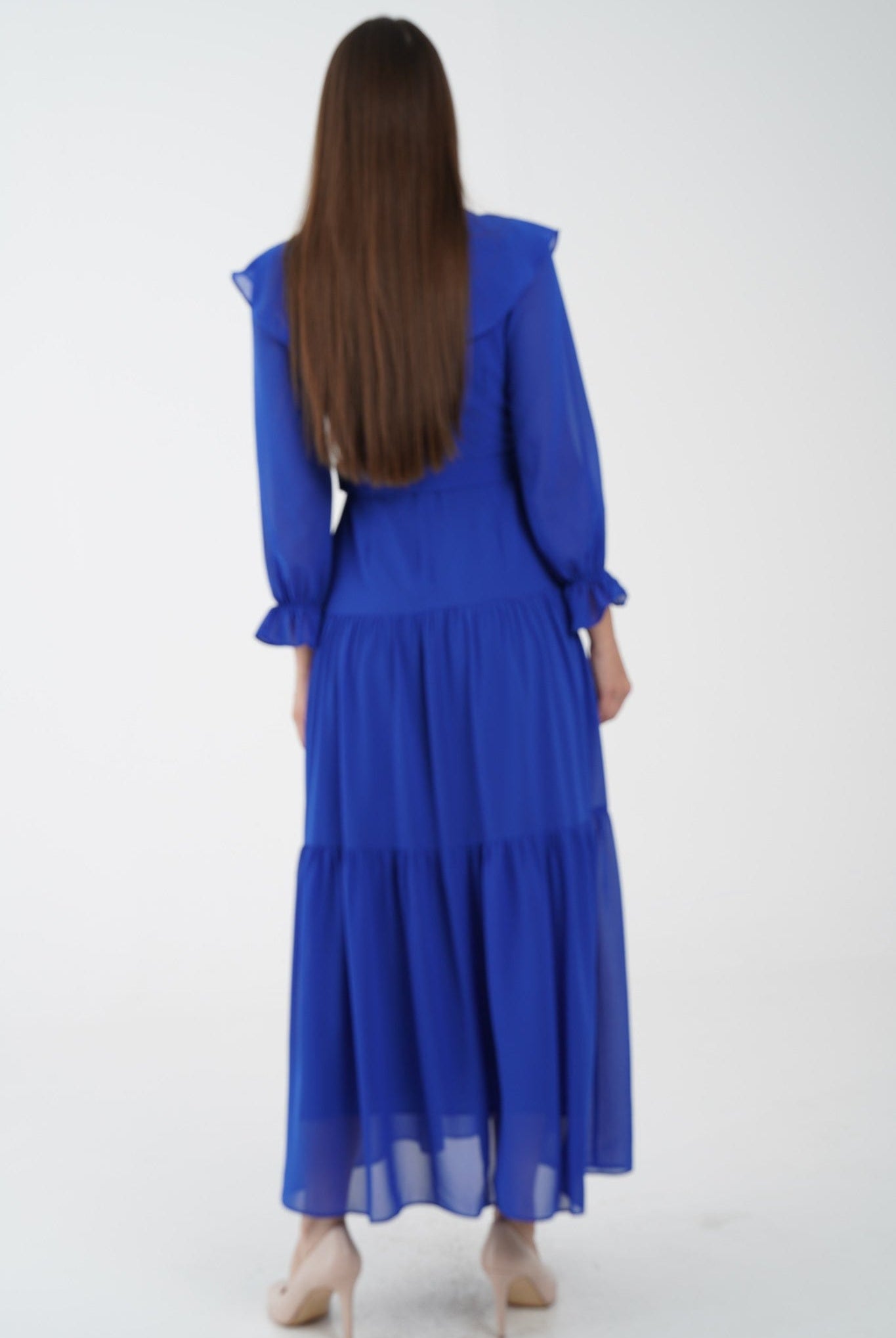 نتشي فستان ماكسي مخصر طبقات من أسفل كم طويل بف نسائي