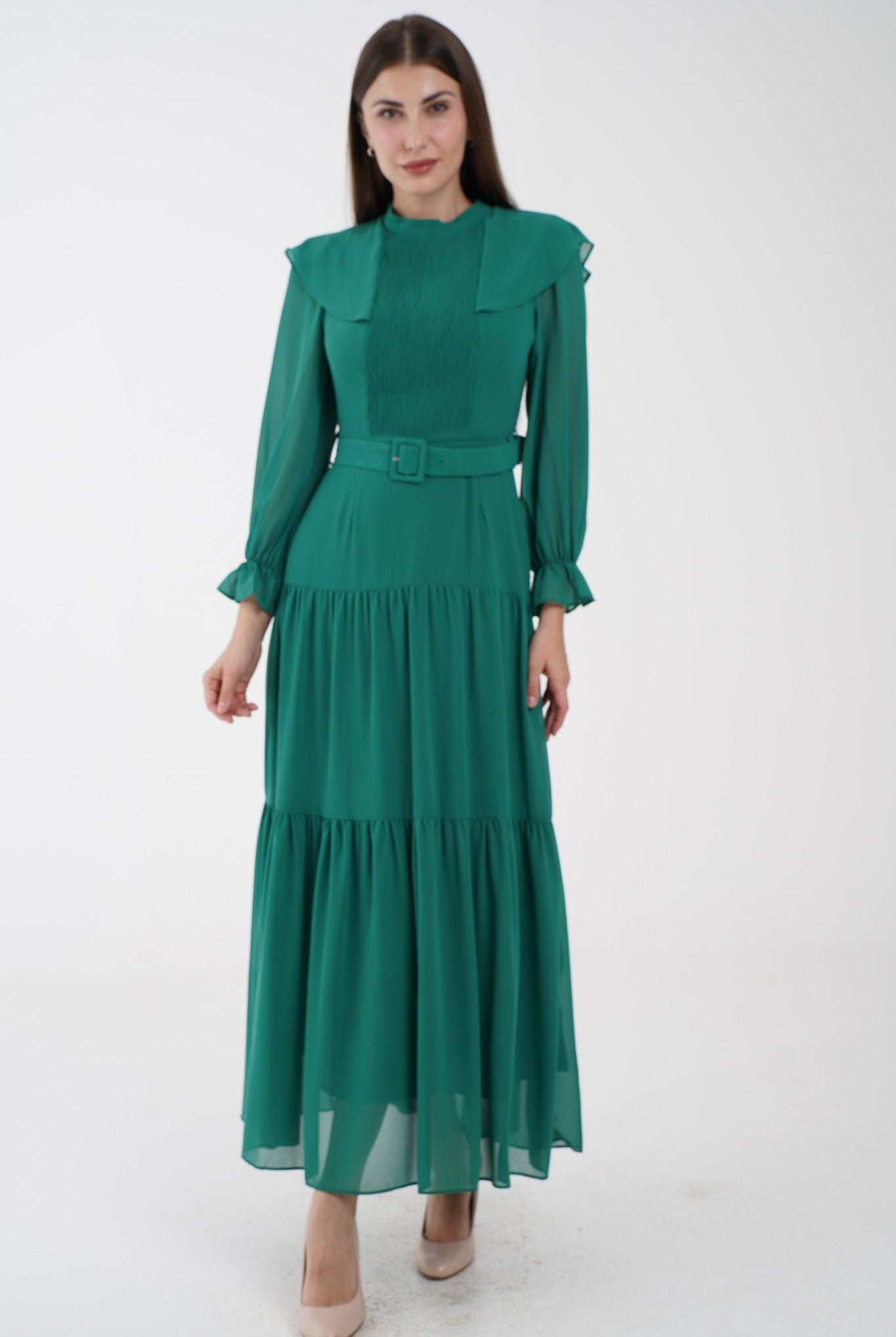 نتشي فستان ماكسي مخصر طبقات من أسفل كم طويل بف نسائي