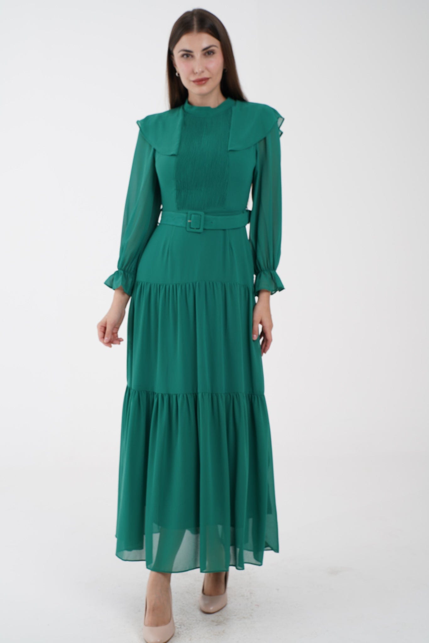 نتشي فستان ماكسي مخصر طبقات من أسفل كم طويل بف نسائي