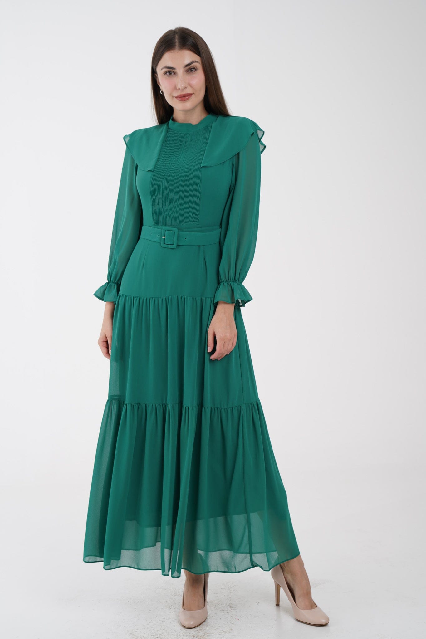 نتشي فستان ماكسي مخصر طبقات من أسفل كم طويل بف نسائي