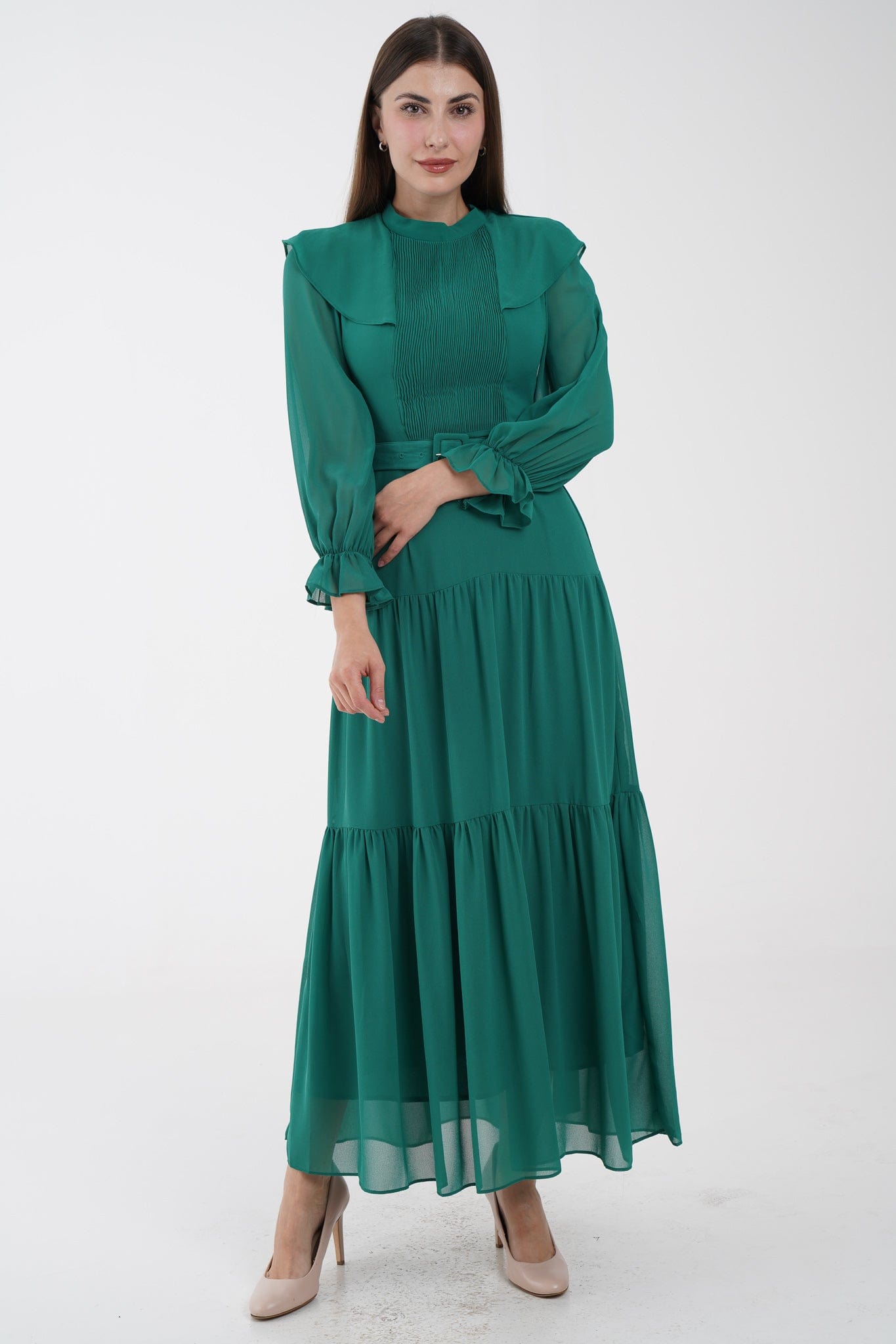 نتشي فستان ماكسي مخصر طبقات من أسفل كم طويل بف نسائي