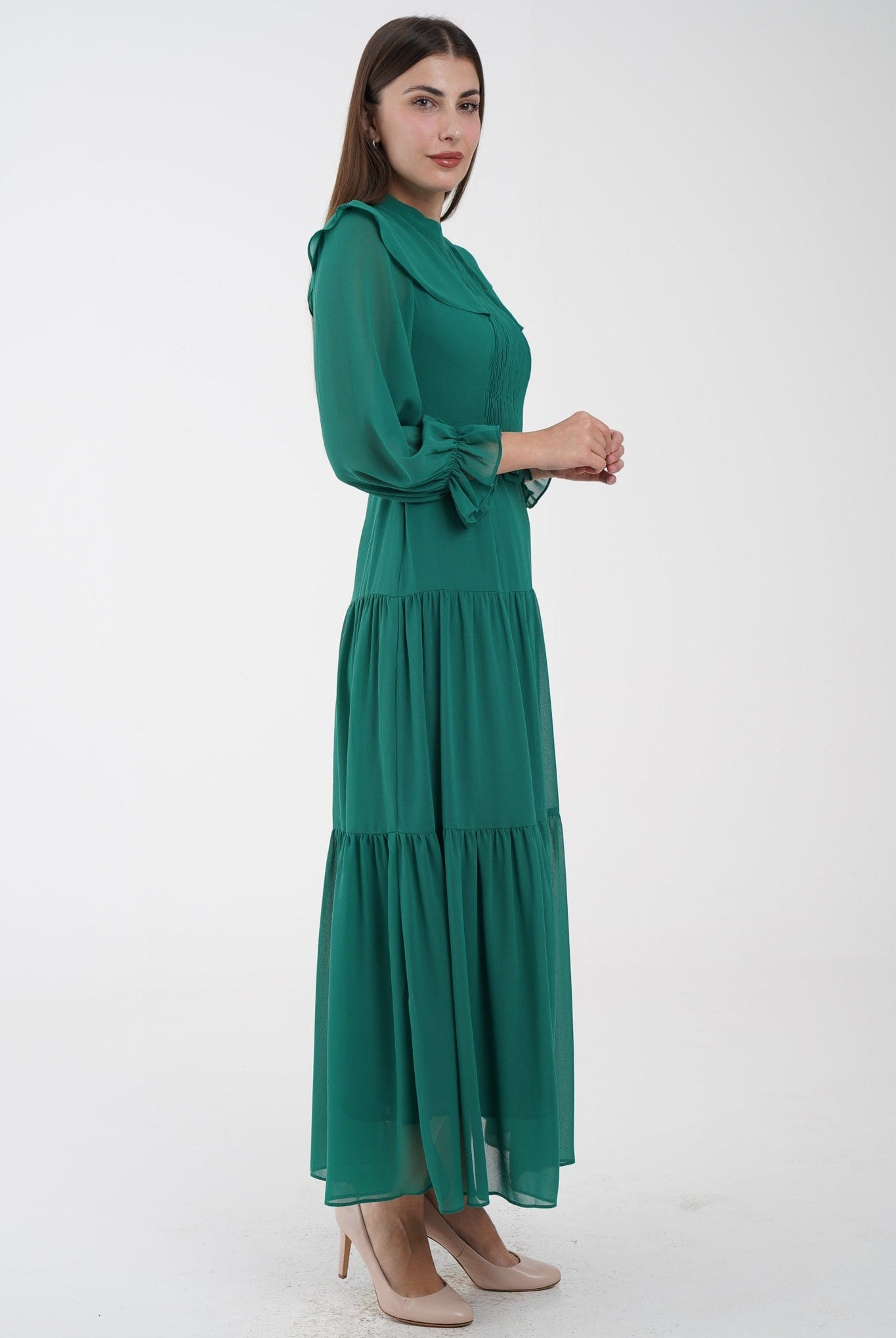 نتشي فستان ماكسي مخصر طبقات من أسفل كم طويل بف نسائي