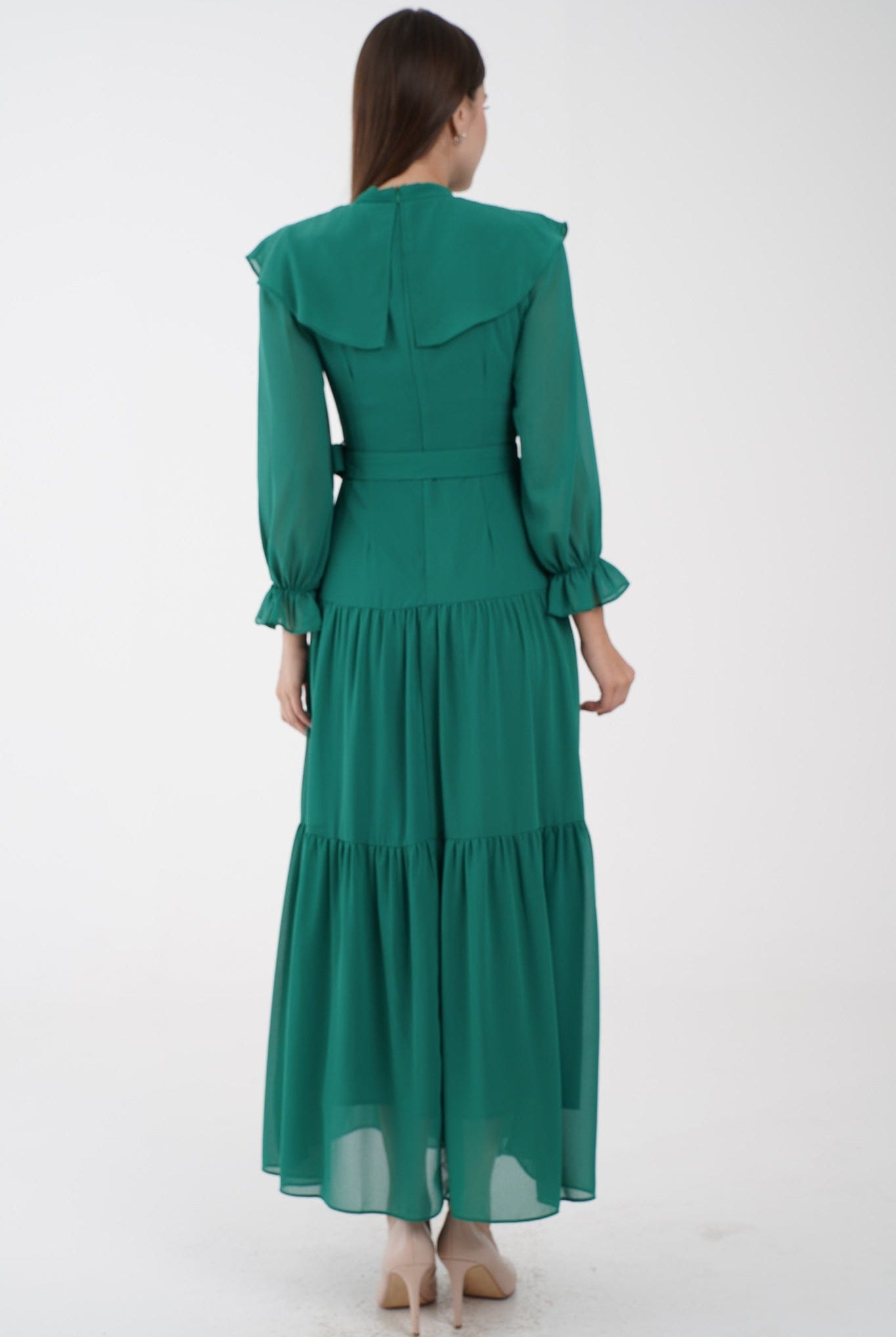 نتشي فستان ماكسي مخصر طبقات من أسفل كم طويل بف نسائي