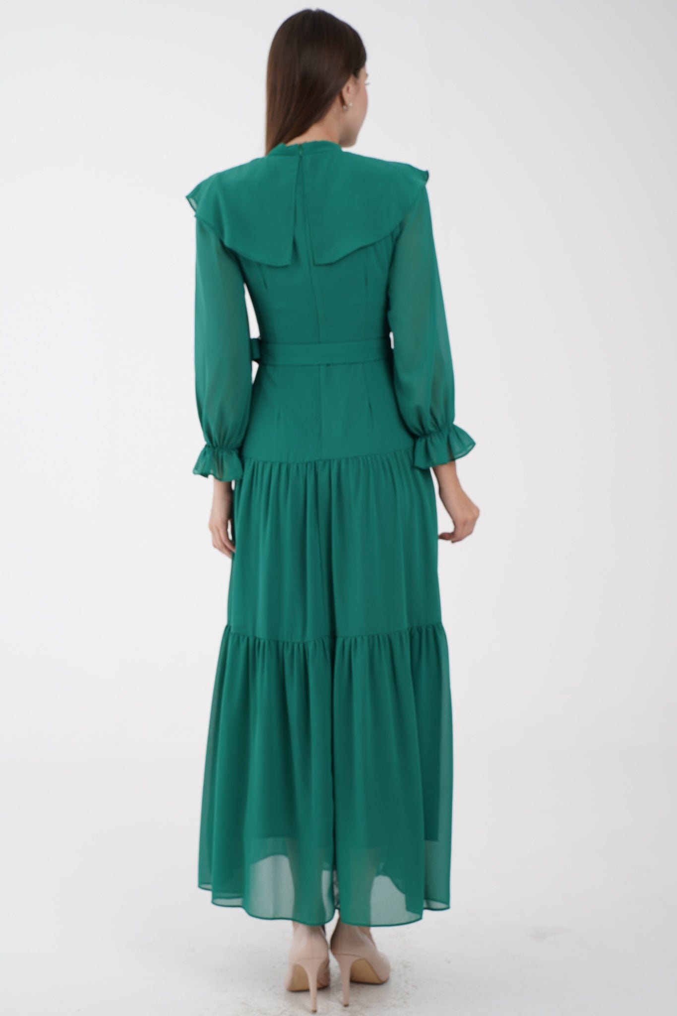 نتشي فستان ماكسي مخصر طبقات من أسفل كم طويل بف نسائي