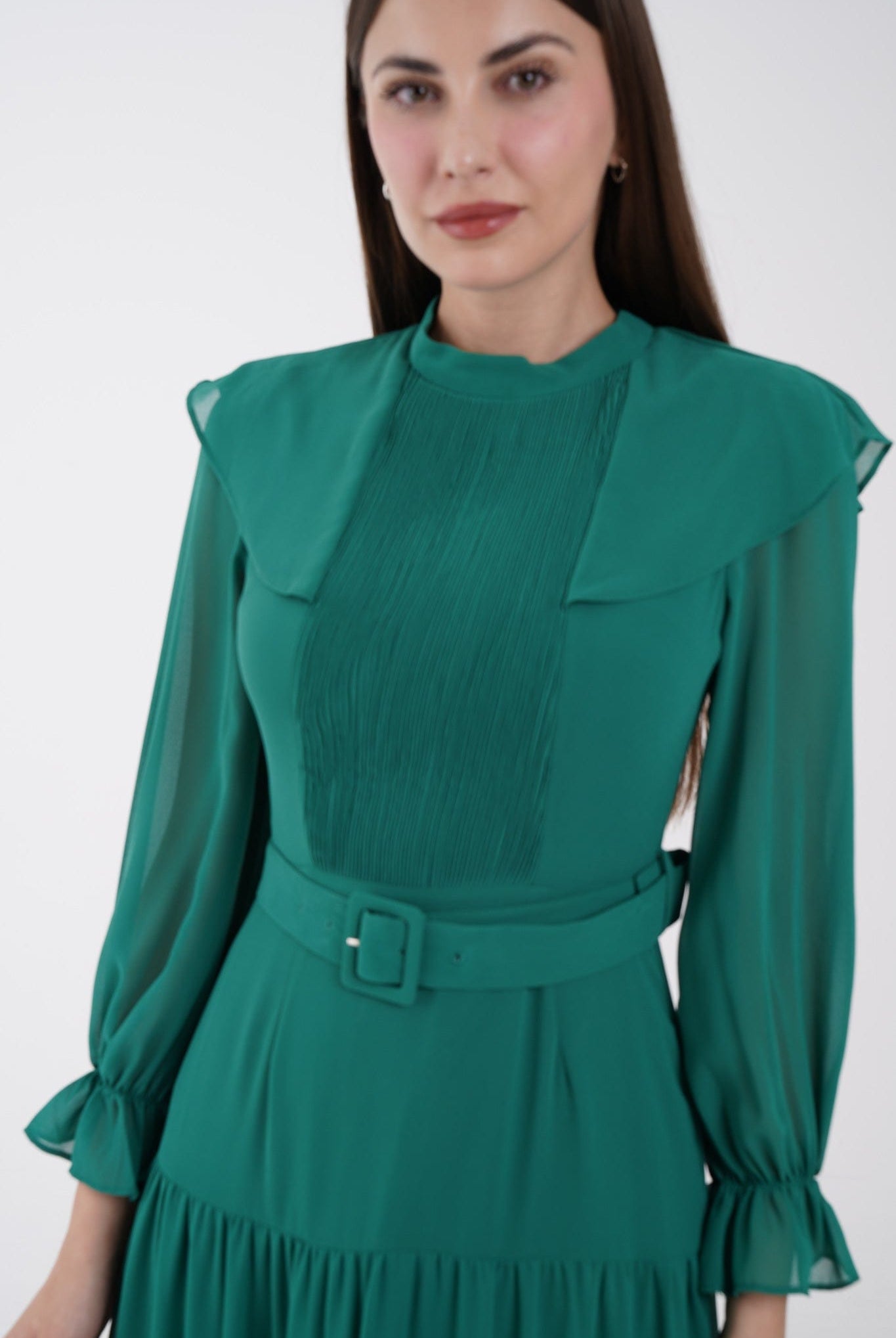 نتشي فستان ماكسي مخصر طبقات من أسفل كم طويل بف نسائي