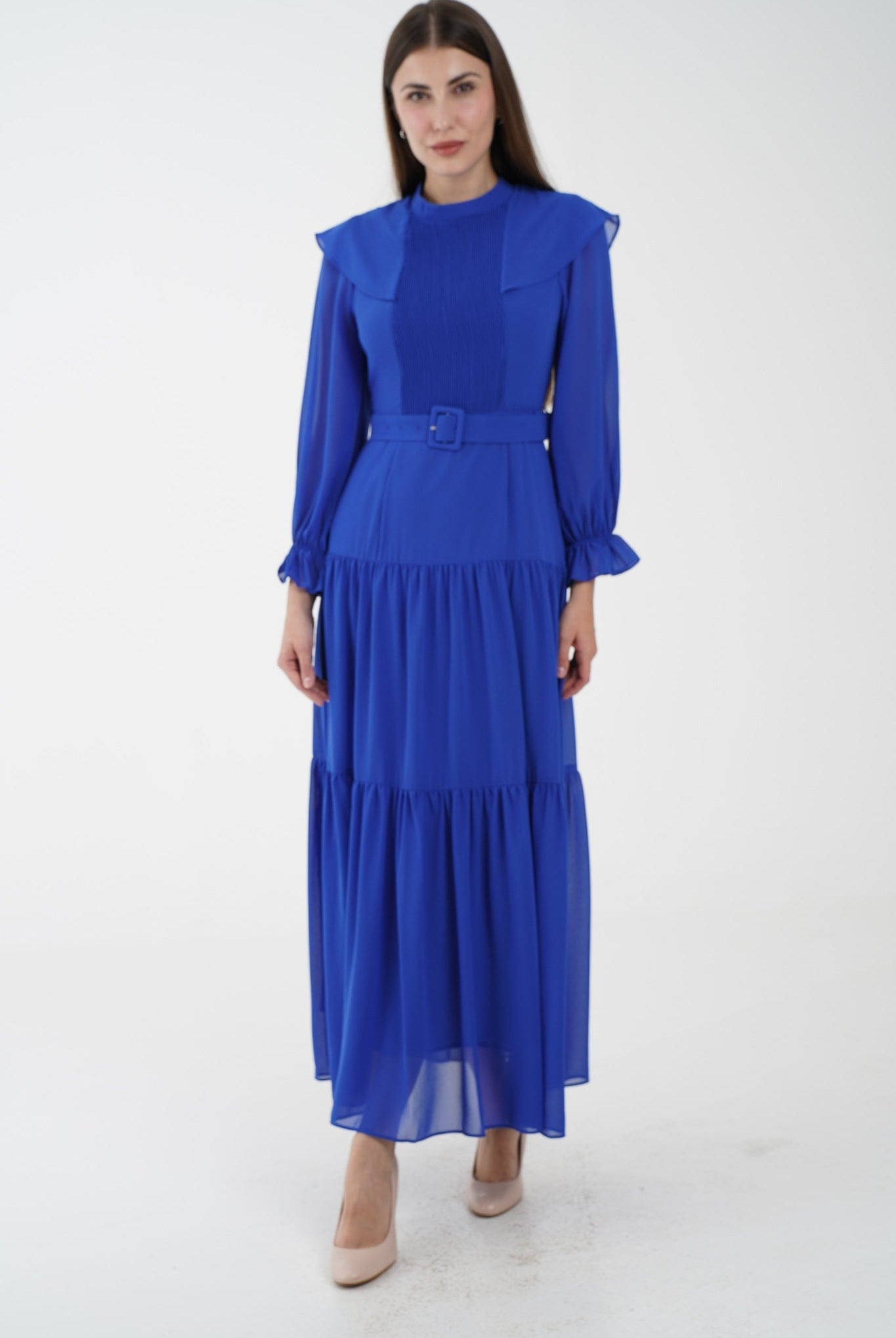 نتشي فستان ماكسي مخصر طبقات من أسفل كم طويل بف نسائي