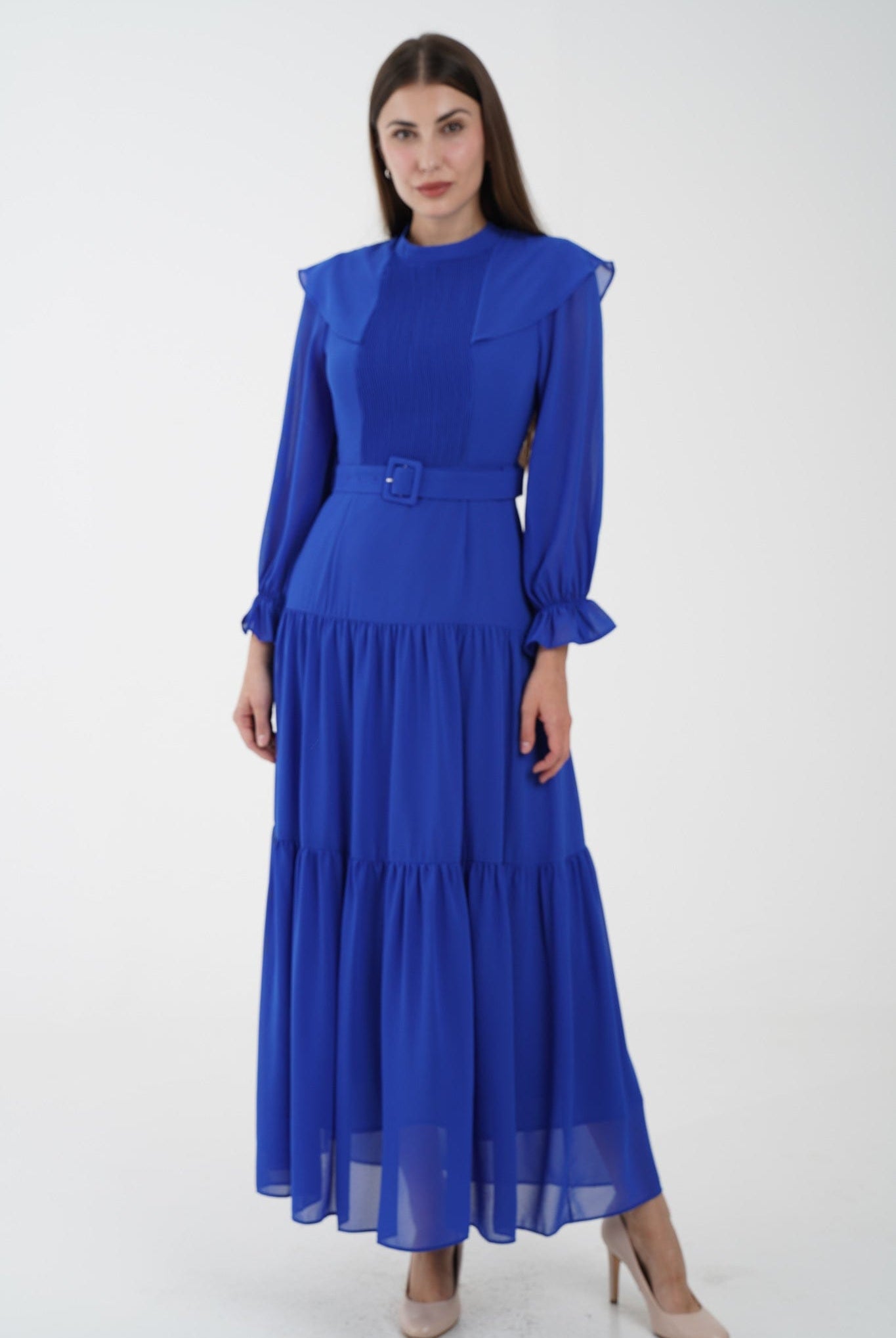 نتشي فستان ماكسي مخصر طبقات من أسفل كم طويل بف نسائي