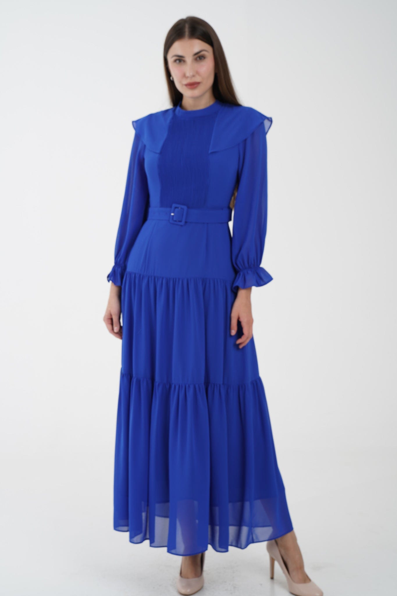 نتشي فستان ماكسي مخصر طبقات من أسفل كم طويل بف نسائي