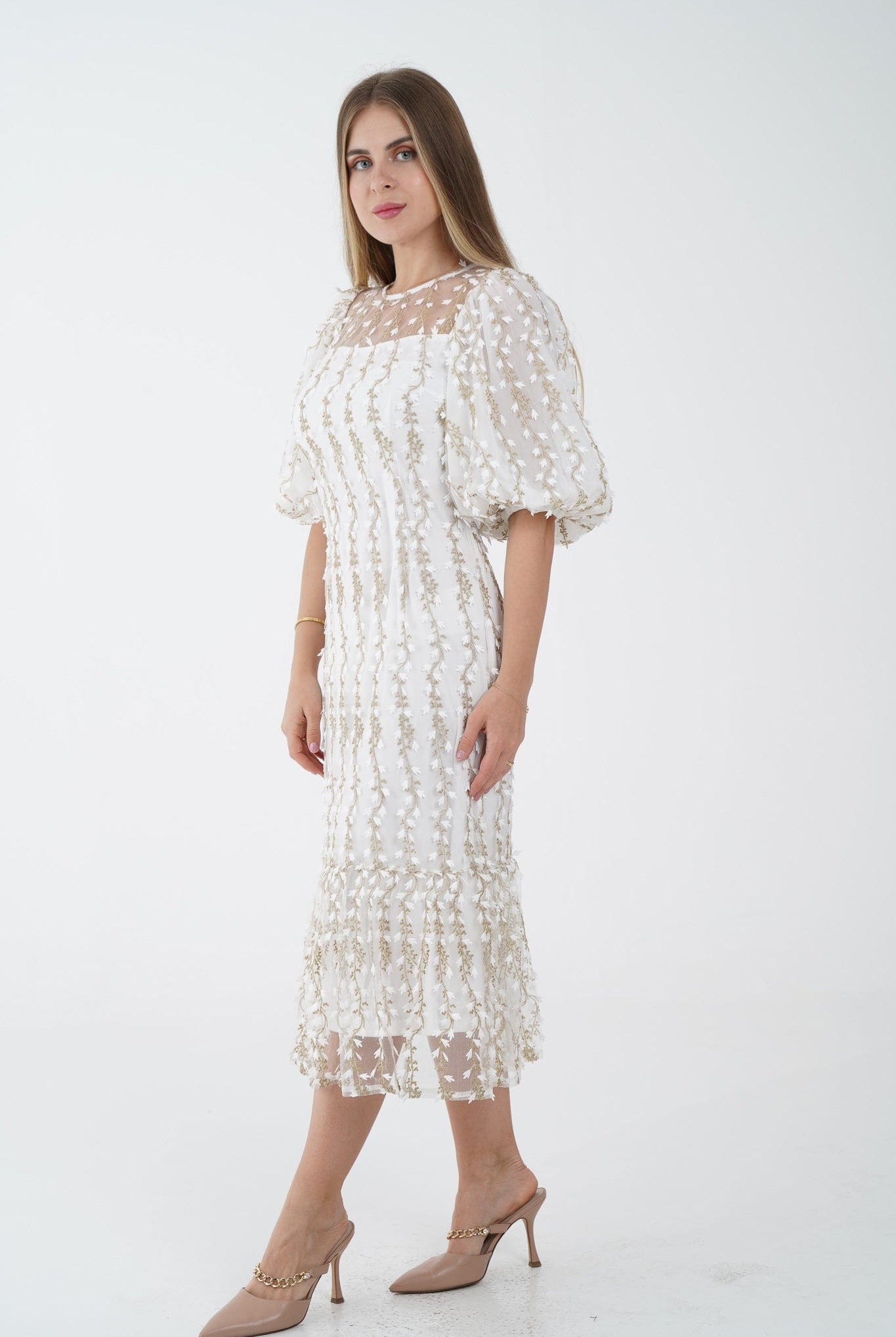 نتشي فستان ميدي مشجر مطرز بارز شفاف مبطن نسائي