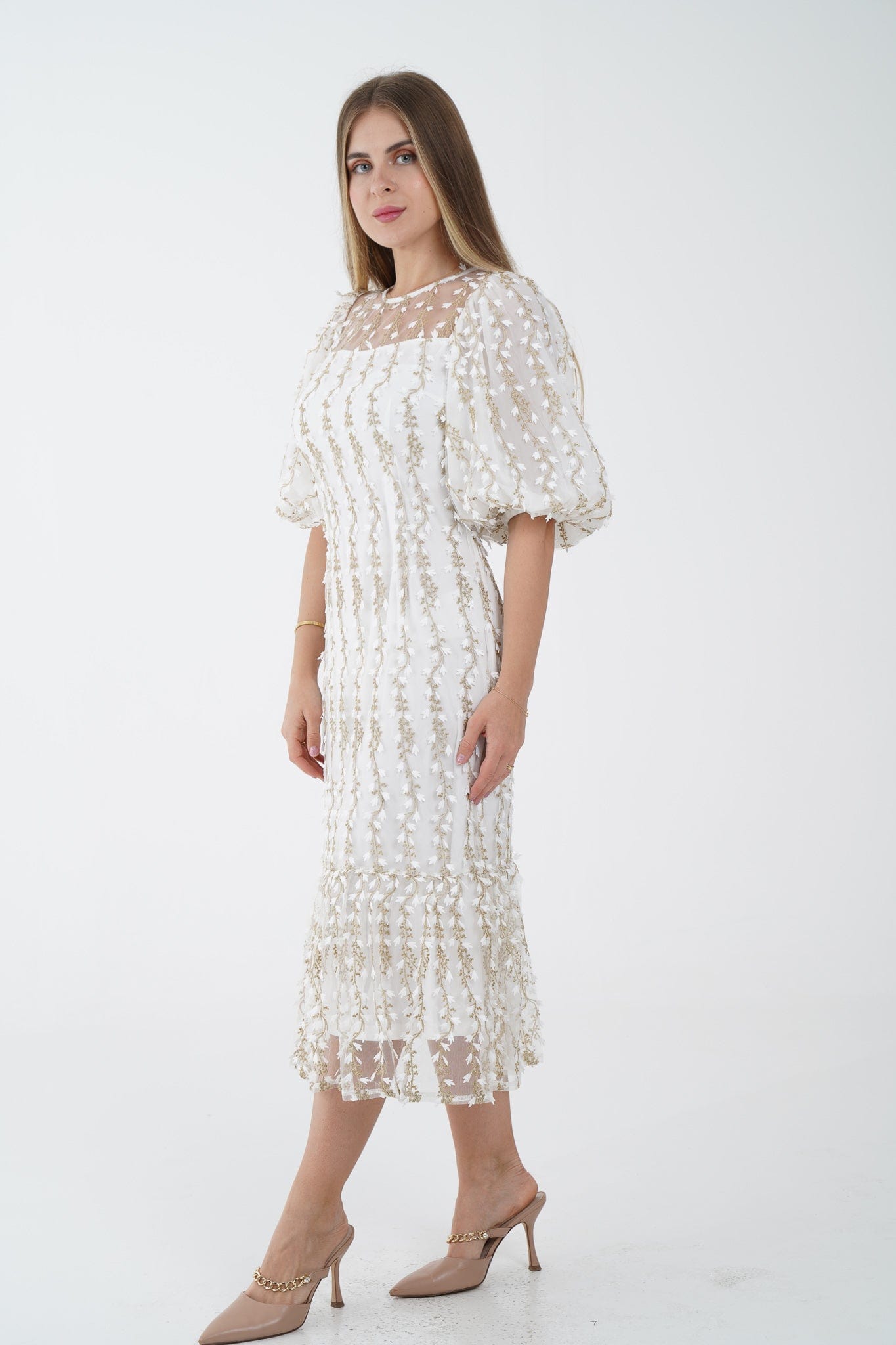 نتشي فستان ميدي مشجر مطرز بارز شفاف مبطن نسائي