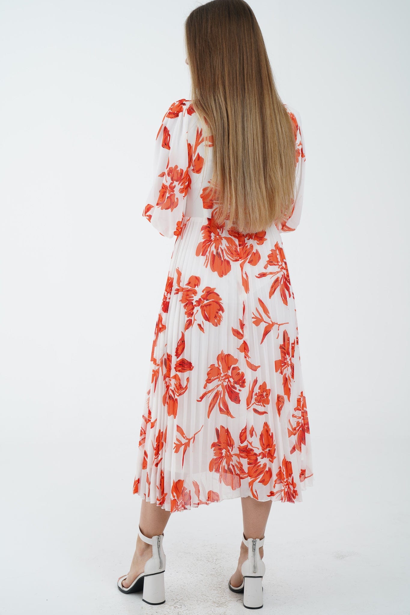 نتشي فستان مشجر بياقة مربعة واسع من أسفل بليسيه 3/4 كم بف نسائي