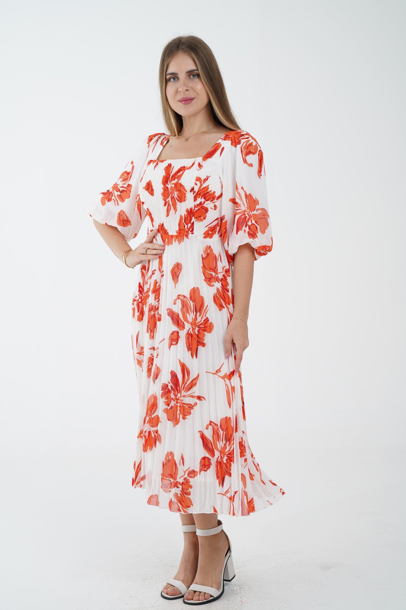 نتشي فستان مشجر بياقة مربعة واسع من أسفل بليسيه 3/4 كم بف نسائي