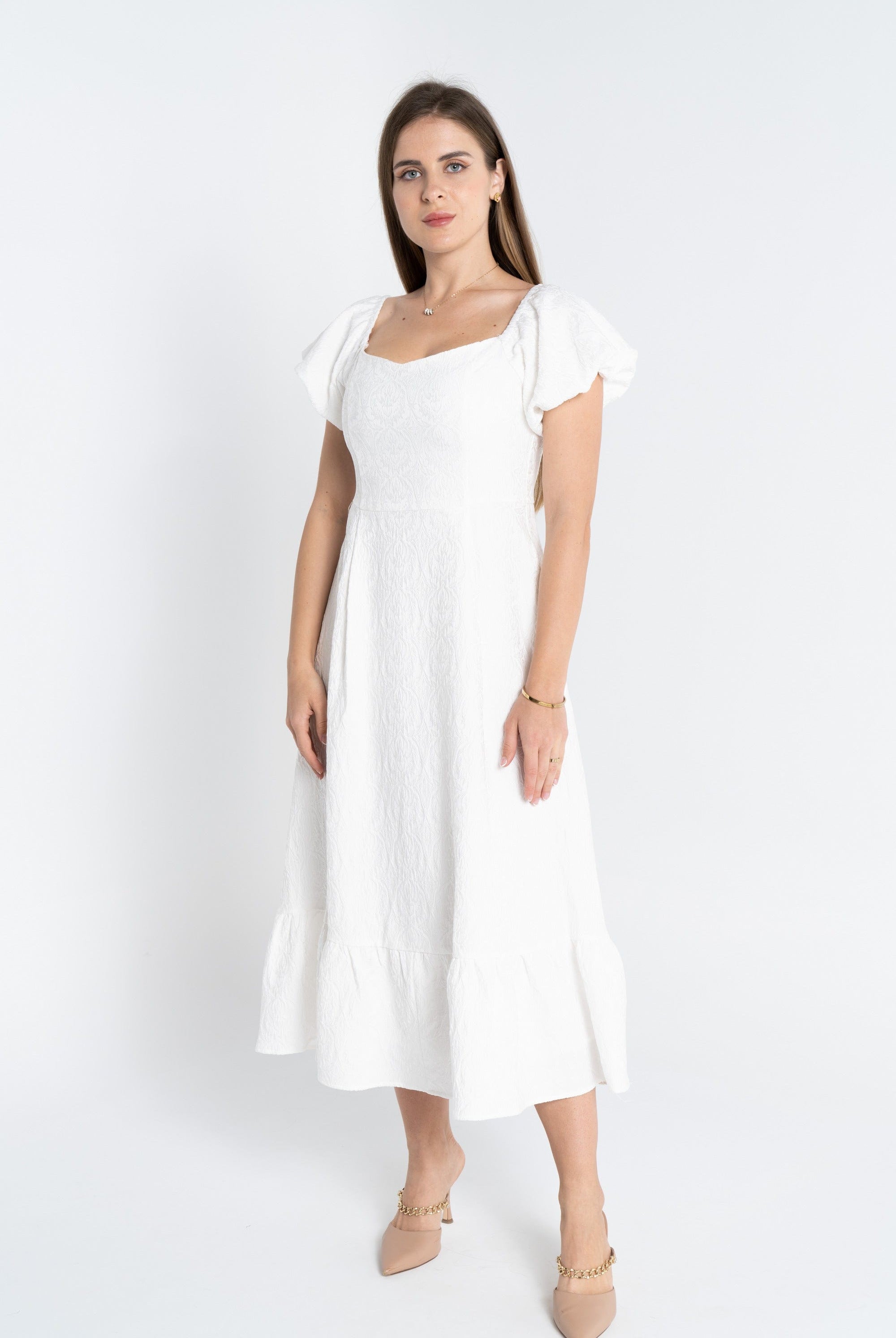 نتشي فستان سهرة ميدي بياقة مربعة وكم قصير بف نسائي