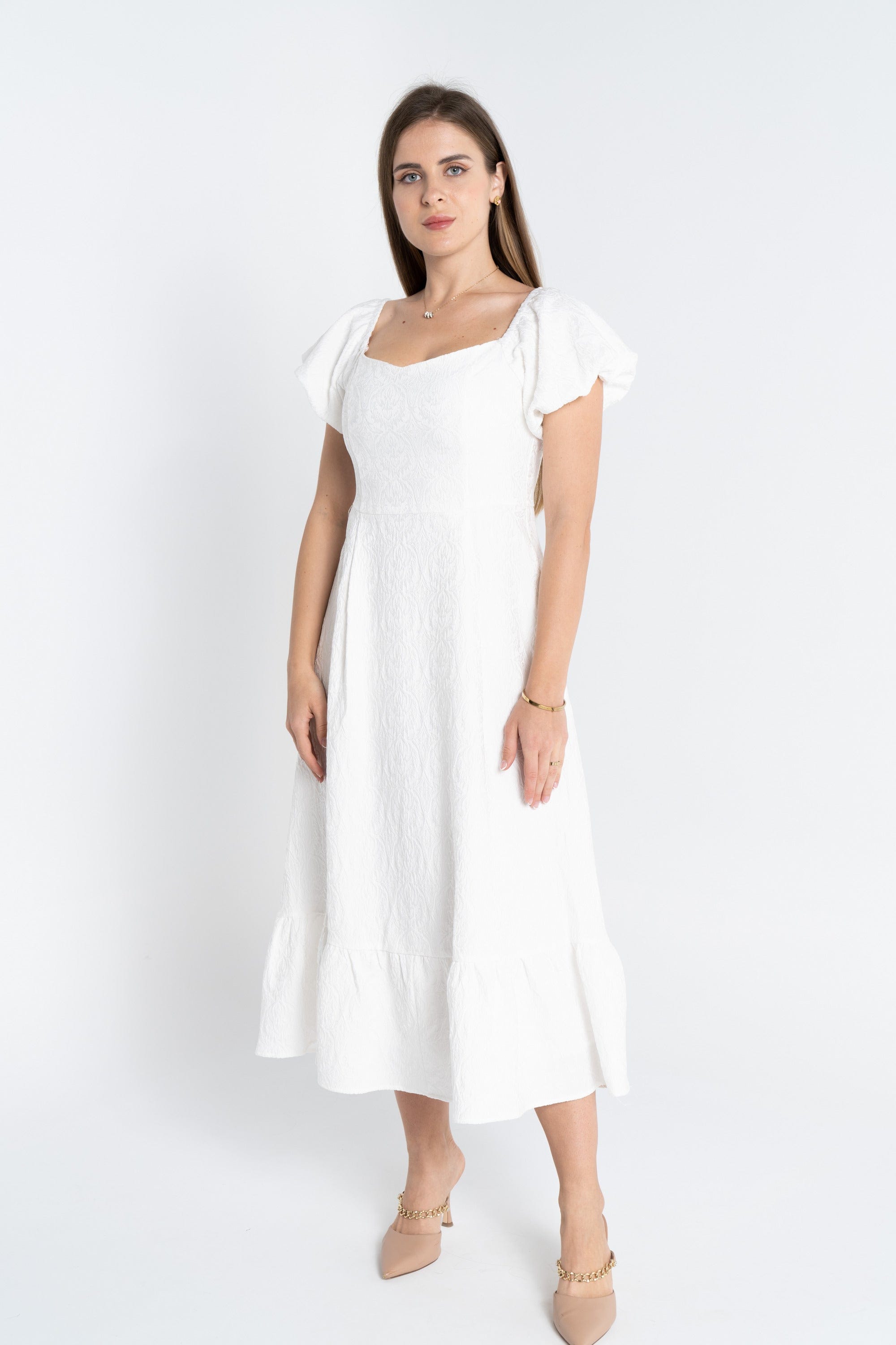 نتشي فستان سهرة ميدي بياقة مربعة وكم قصير بف نسائي