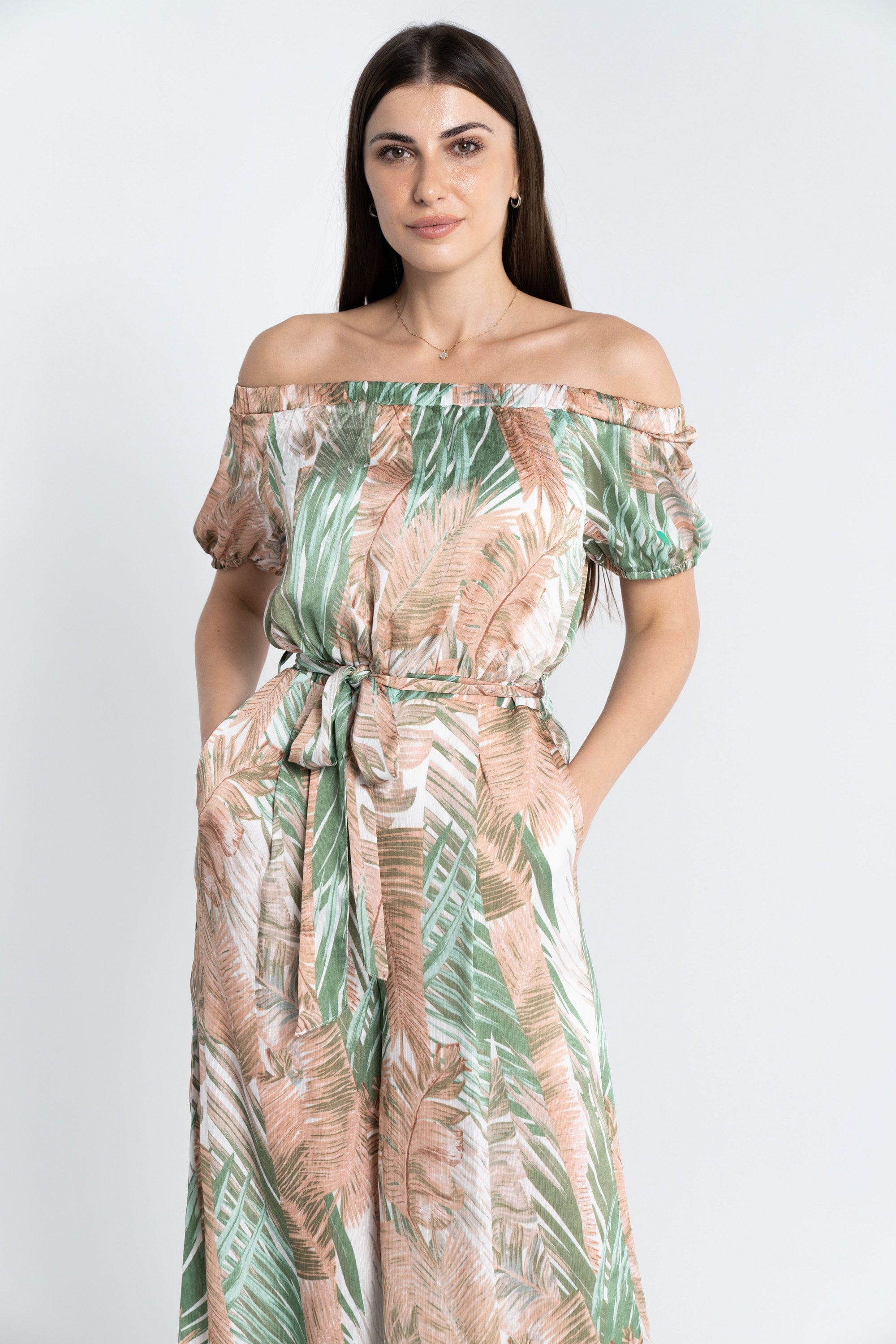 نتشي جمبسوت مشجرة أوف شولدر كم قصير بحزام على الخصر