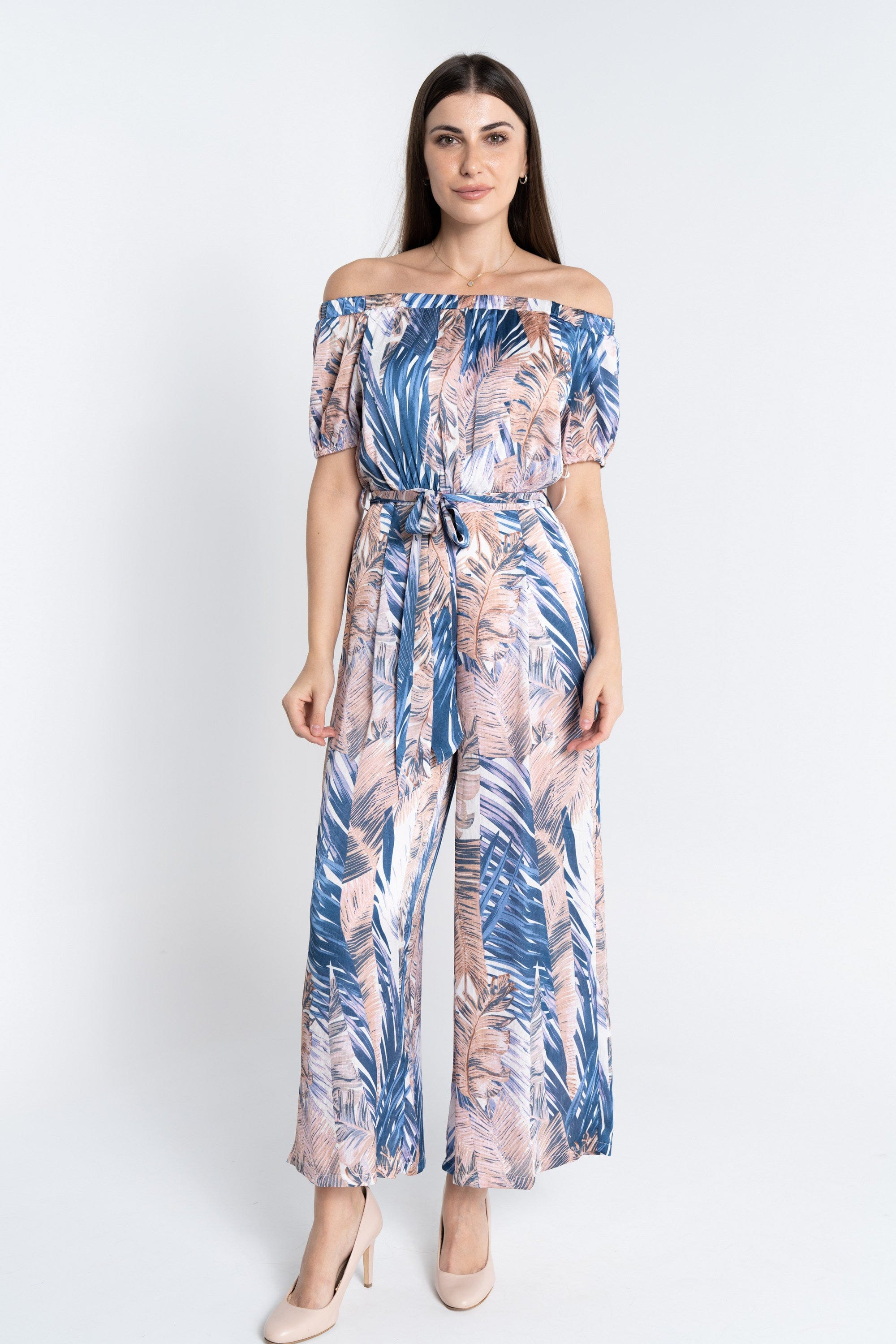 نتشي جمبسوت مشجرة أوف شولدر كم قصير بحزام على الخصر