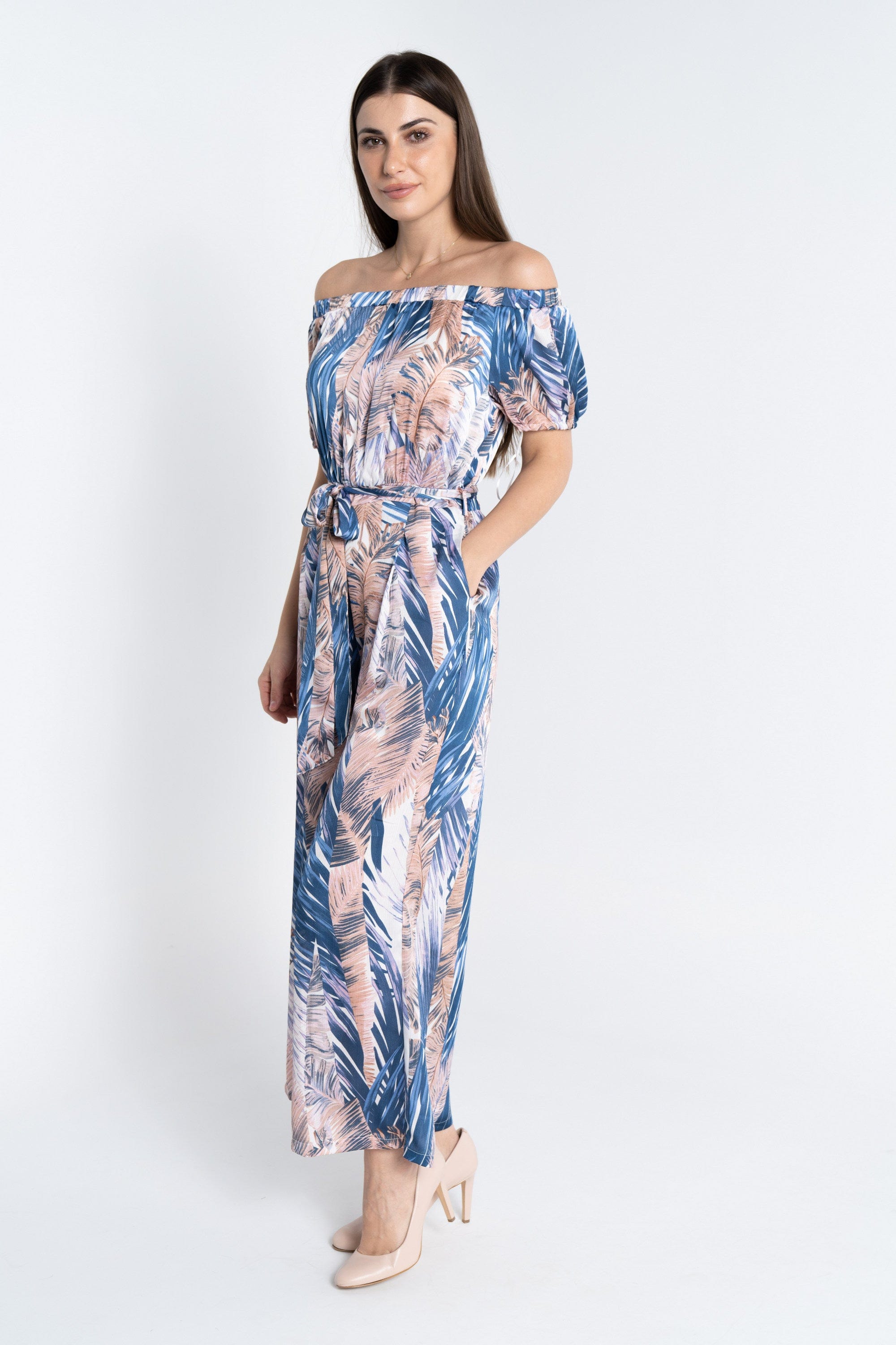 نتشي جمبسوت مشجرة أوف شولدر كم قصير بحزام على الخصر