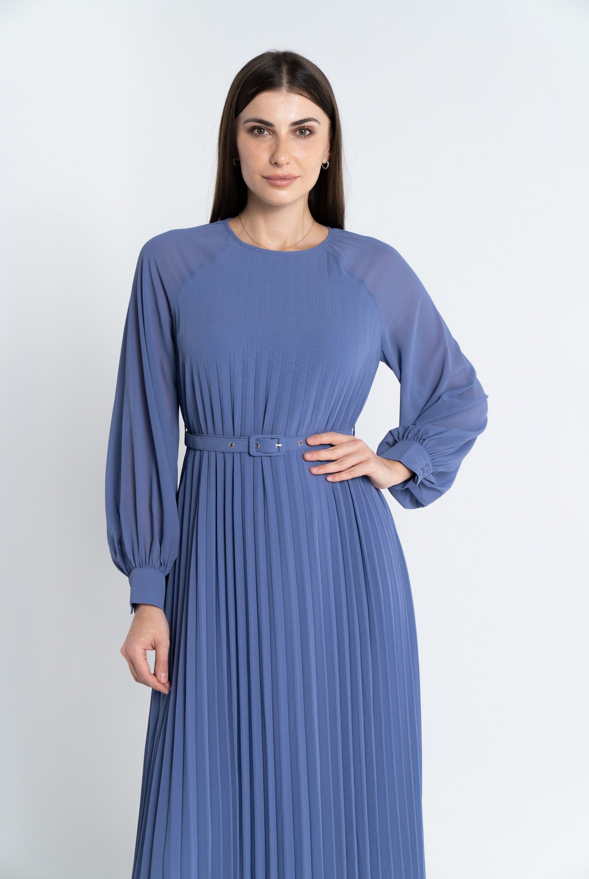 نتشي فستان ماكسي بليسيه من أسفل بحزام على الخصر كم طويل بف نسائي