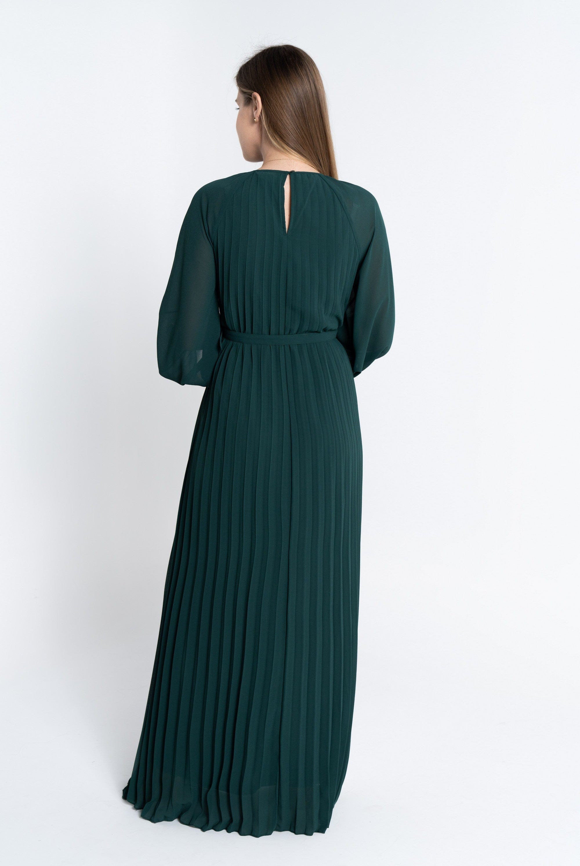 نتشي فستان ماكسي بليسيه من أسفل بحزام على الخصر كم طويل بف نسائي