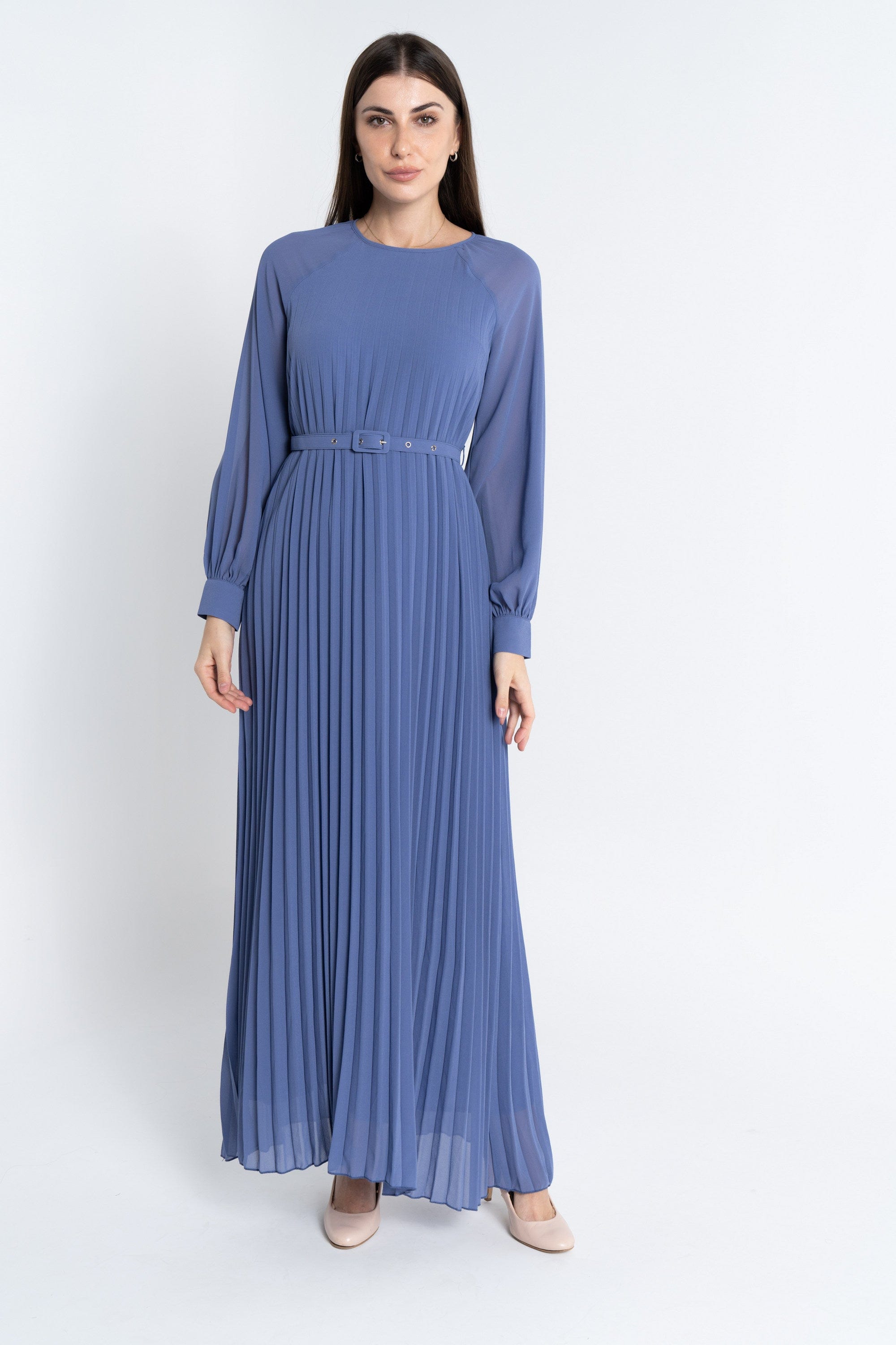 نتشي فستان ماكسي بليسيه من أسفل بحزام على الخصر كم طويل بف نسائي