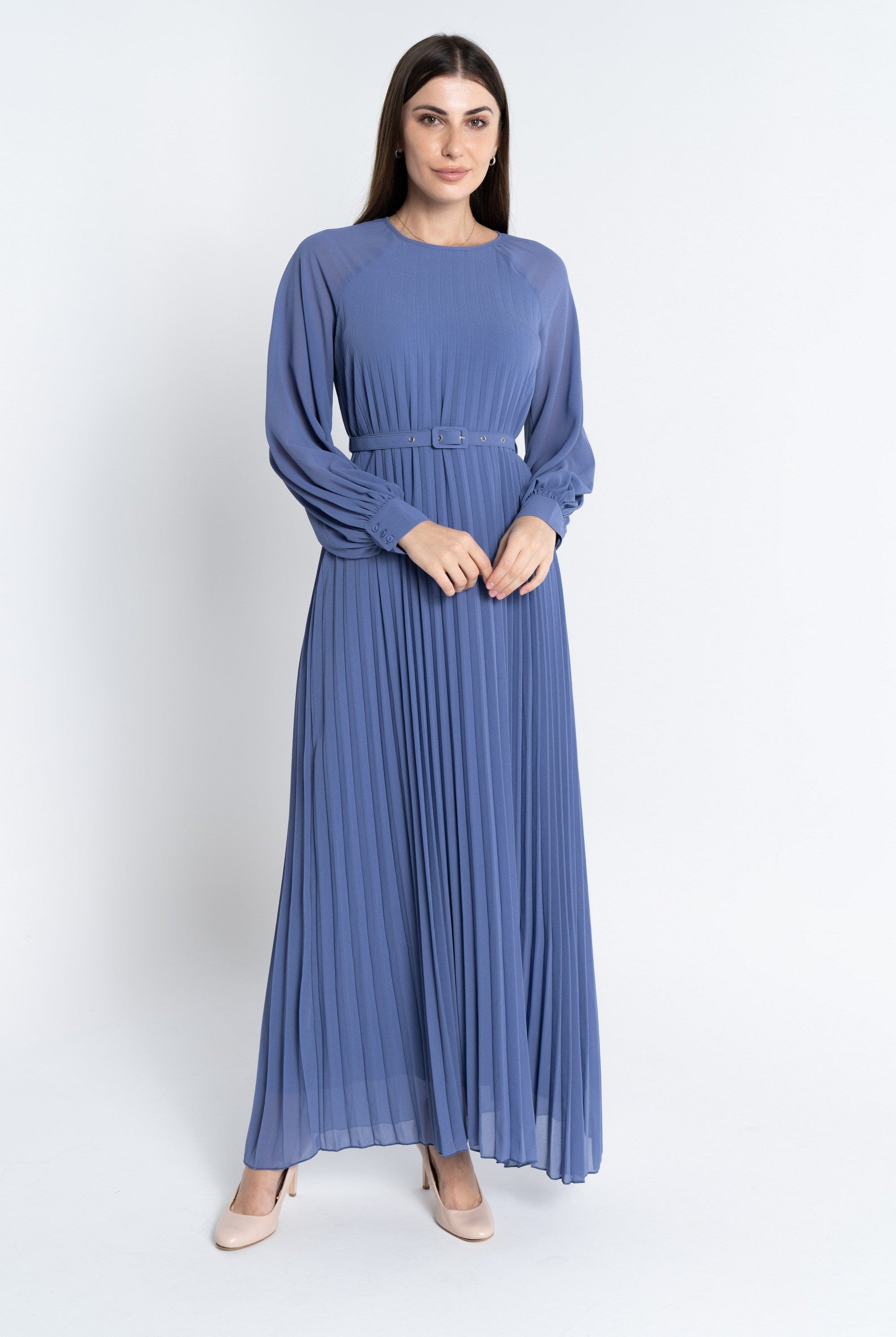 نتشي فستان ماكسي بليسيه من أسفل بحزام على الخصر كم طويل بف نسائي