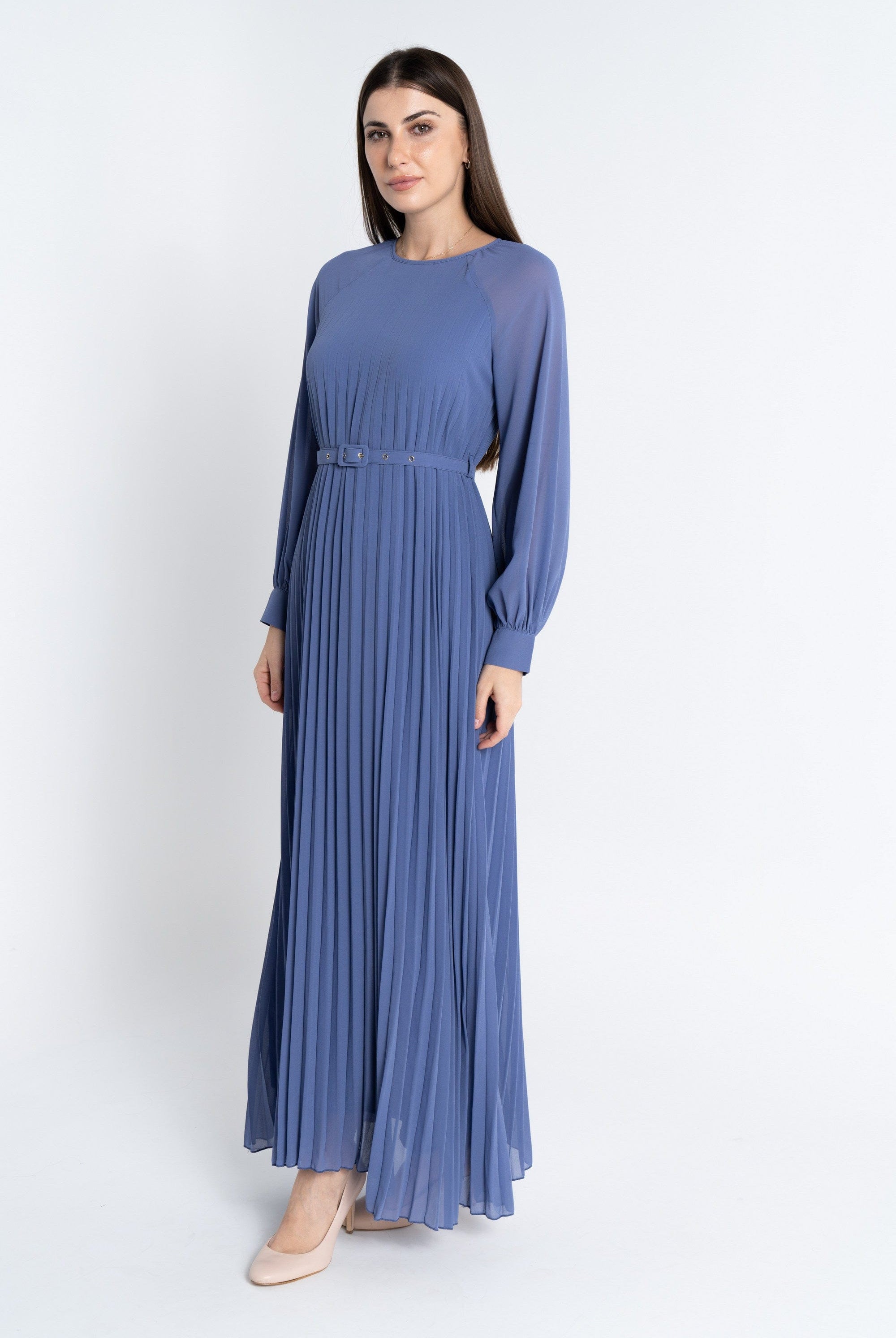 نتشي فستان ماكسي بليسيه من أسفل بحزام على الخصر كم طويل بف نسائي