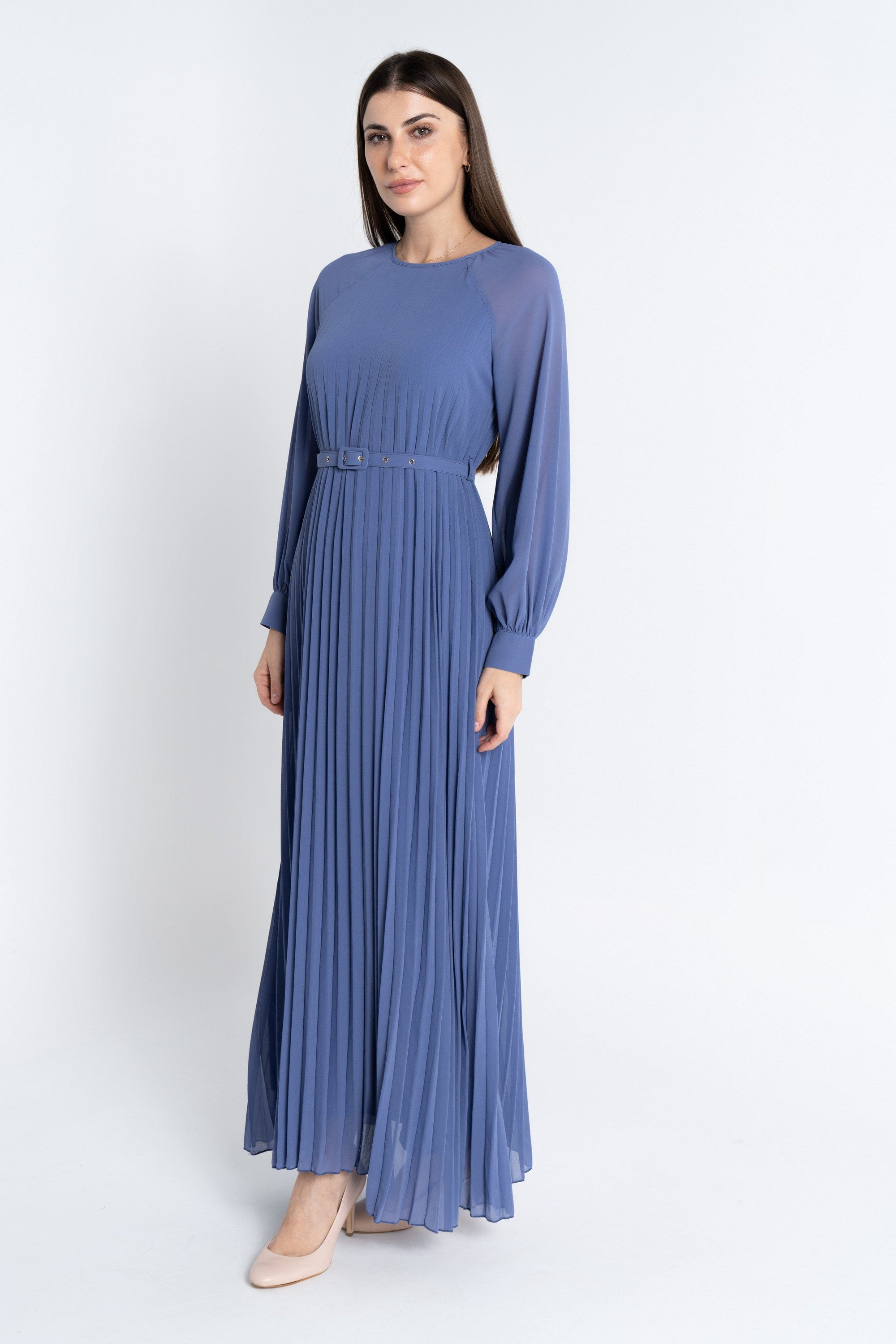 نتشي فستان ماكسي بليسيه من أسفل بحزام على الخصر كم طويل بف نسائي