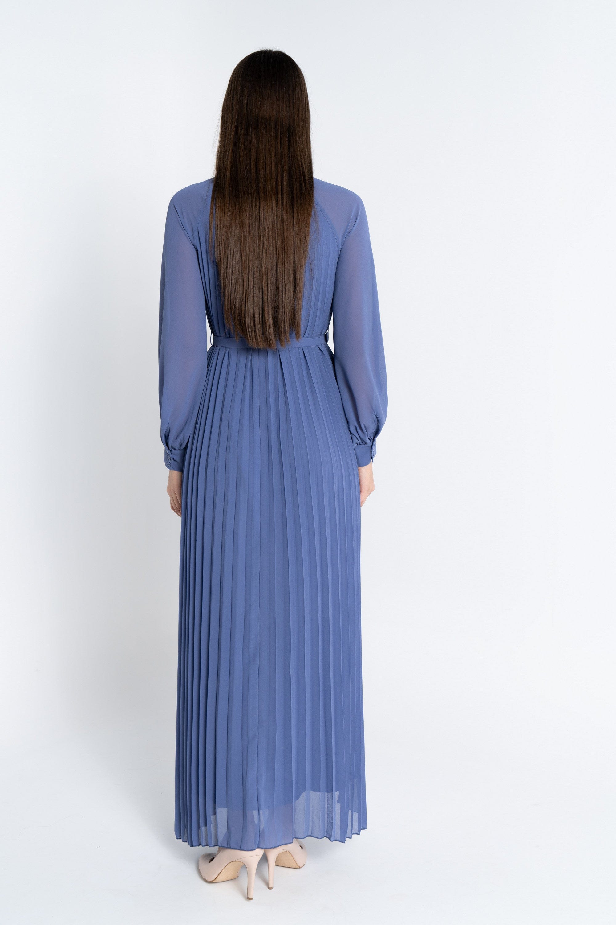 نتشي فستان ماكسي بليسيه من أسفل بحزام على الخصر كم طويل بف نسائي